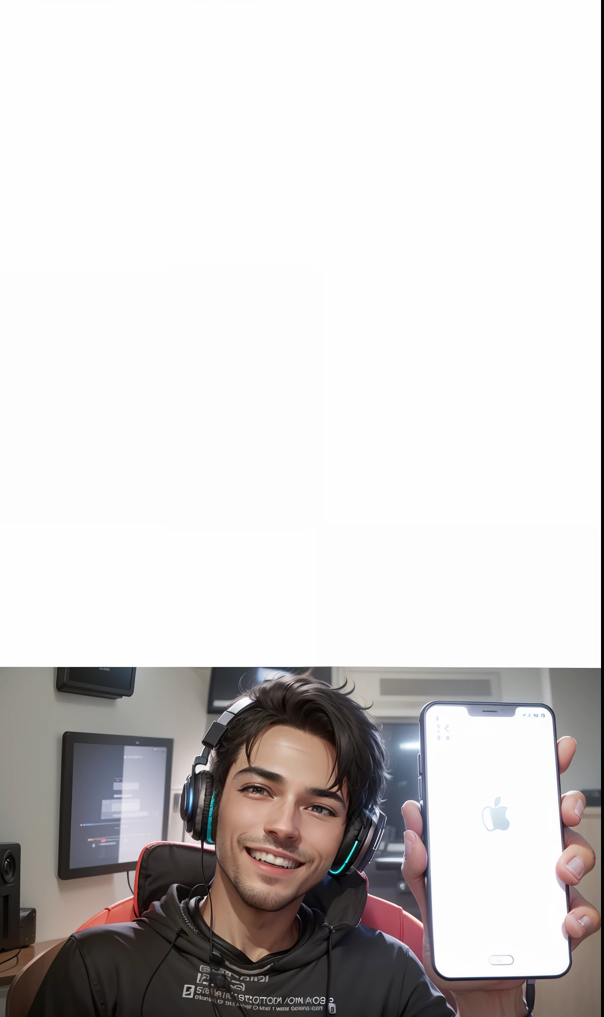 smiling man in black shirt holding a cell phone and headphones, with headphones, he is holding a smartphone, with headphones, he has headphones, hold smartphone, isolated on white background, headphones on his head, insulated background, holding a very advanced phone, wearing headphones, headphones on his head,  using a headset for gaming, using headset for gaming, technology, in text 8K REALISTIC --auto --s2