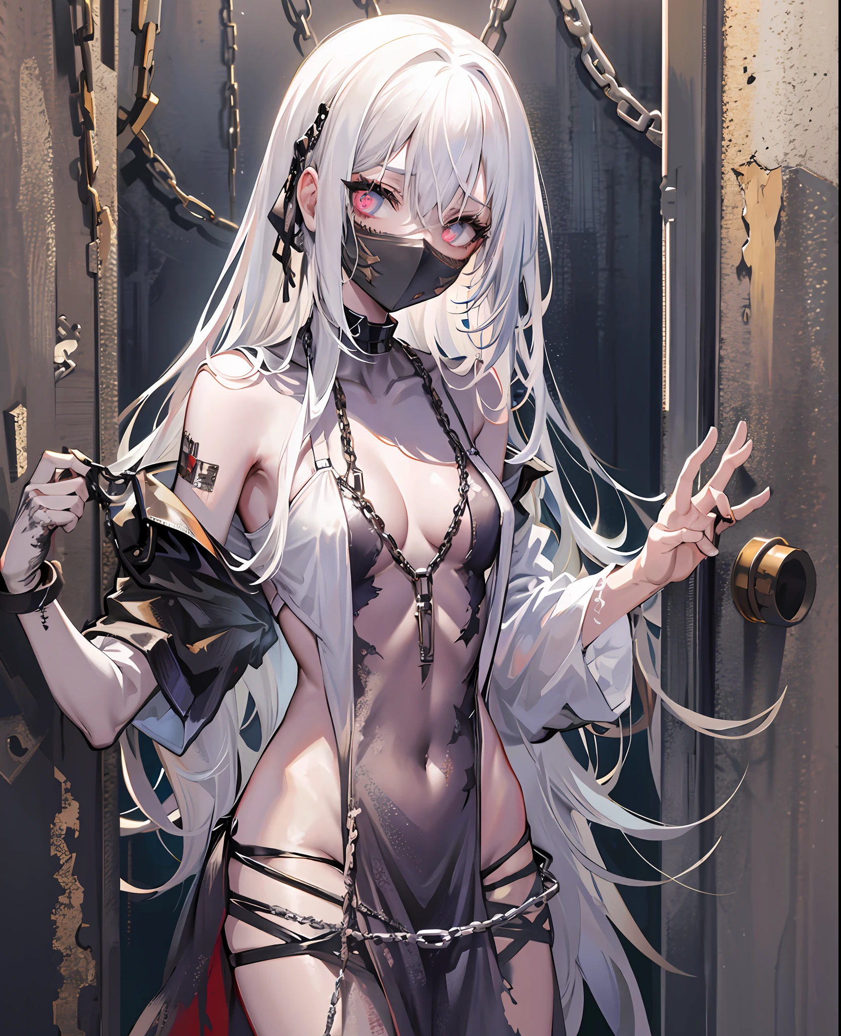 Zombie girl, in a cell, mask, standing, barefoot, bare legs, wearing tattered clothes, imprisoned by chains, feet locked by chains, white hair, bare shoulders, clothes cracked, tattered clothes, hands hoisted by chains,