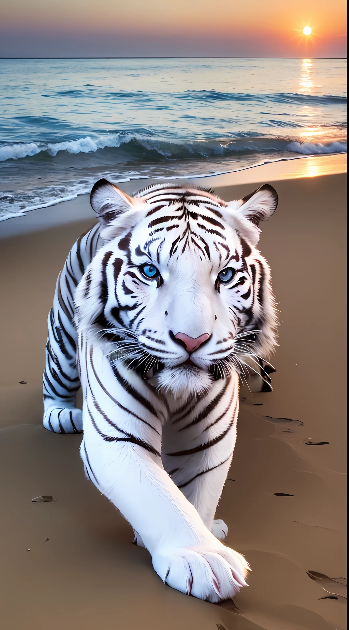 white tiger, sunset, sea beach --auto --s2