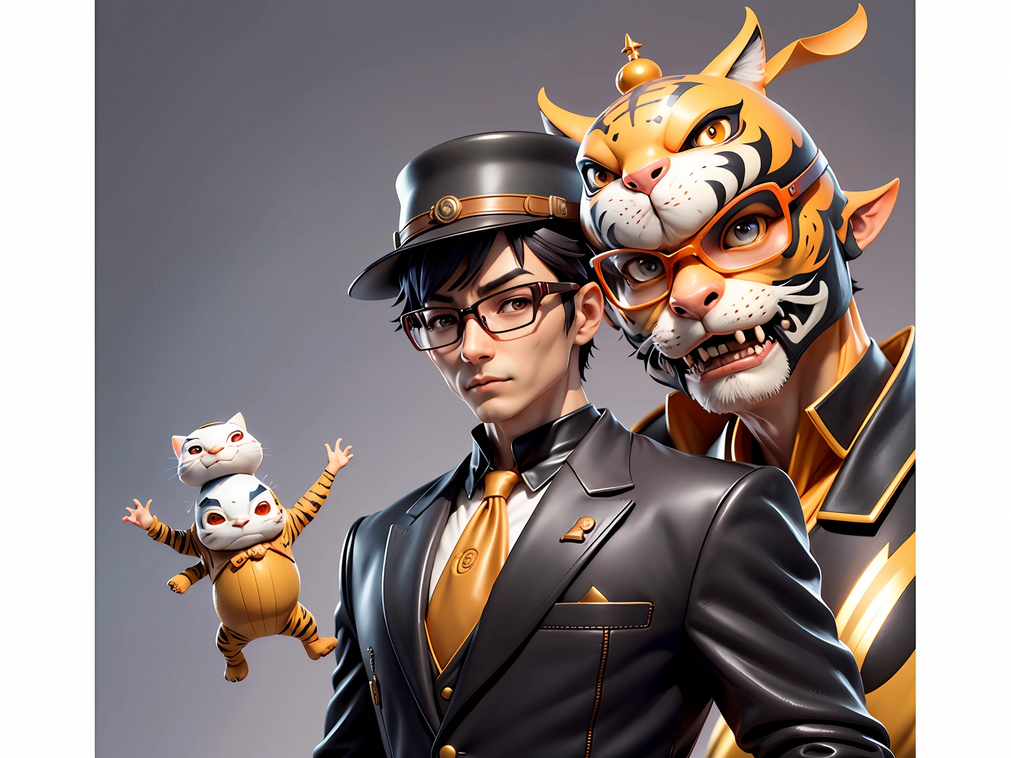 Young man with oriental face in leather hat, tiger, oriental face in formal suit, short black hair, silver glasses, digital painting, 3D character design by Mark Clairedon and Pixar and Hayao Miyazaki and Akira Toriyama, the illustration is a high-definition illustration in 4K resolution with very detailed facial features and cartoon-style visuals.
