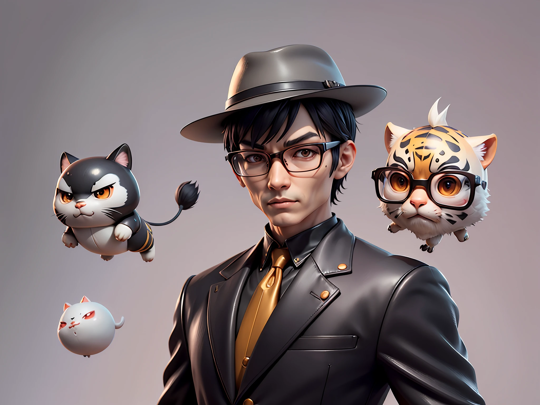 Young man with oriental face in leather hat, tiger, oriental face in formal suit, short black hair, silver glasses, digital painting, 3D character design by Mark Clairedon and Pixar and Hayao Miyazaki and Akira Toriyama, the illustration is a high-definition illustration in 4K resolution with very detailed facial features and cartoon-style visuals.