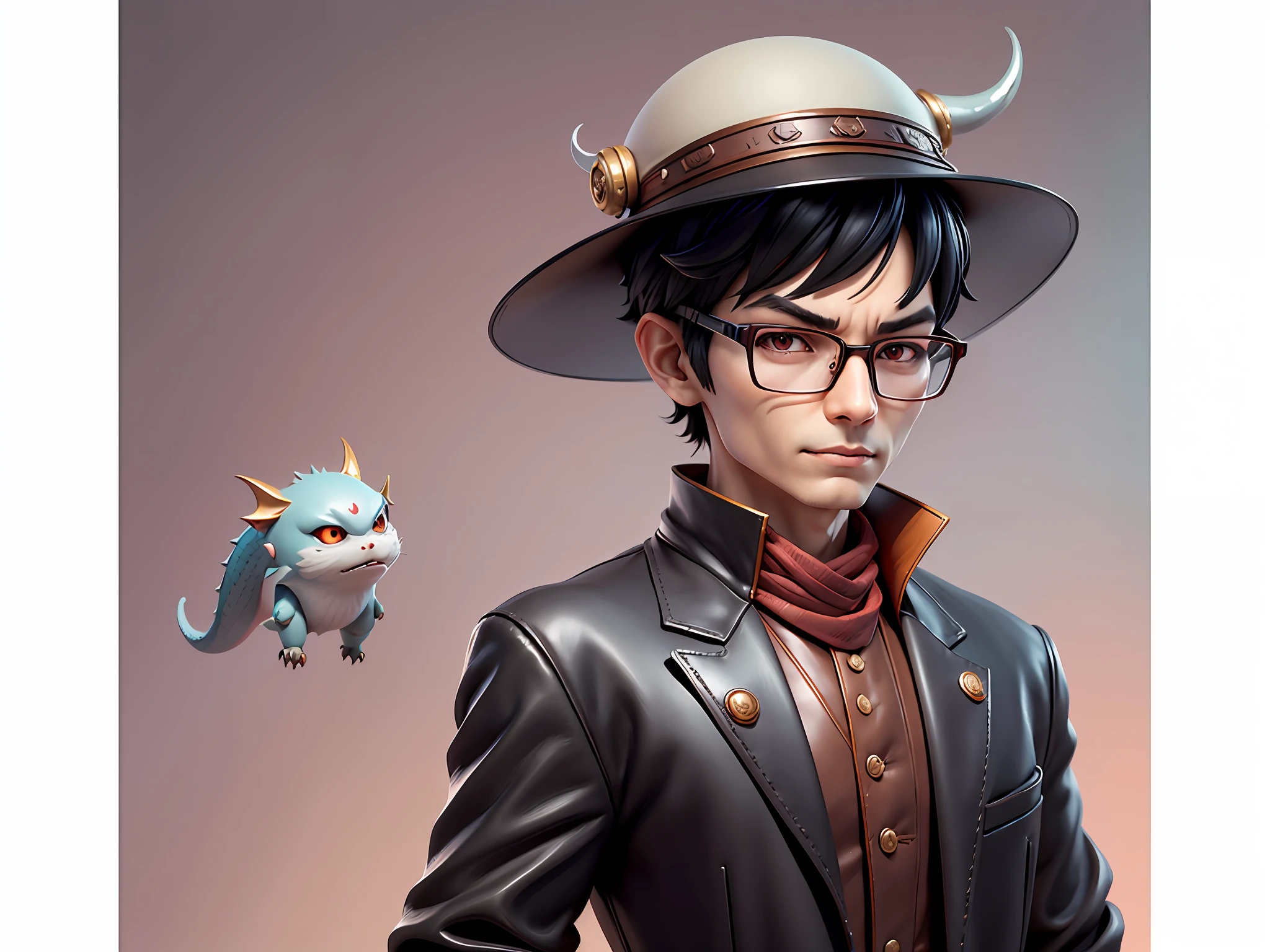 Young man with oriental face in leather hat, dragon, formal suit, short black hair, silver glasses, digital painting, 3D character design by Mark Clairedon and Pixar and Hayao Miyazaki and Akira Toriyama, the illustration is a high-definition illustration in 4K resolution with very detailed facial features and cartoon-style visuals.