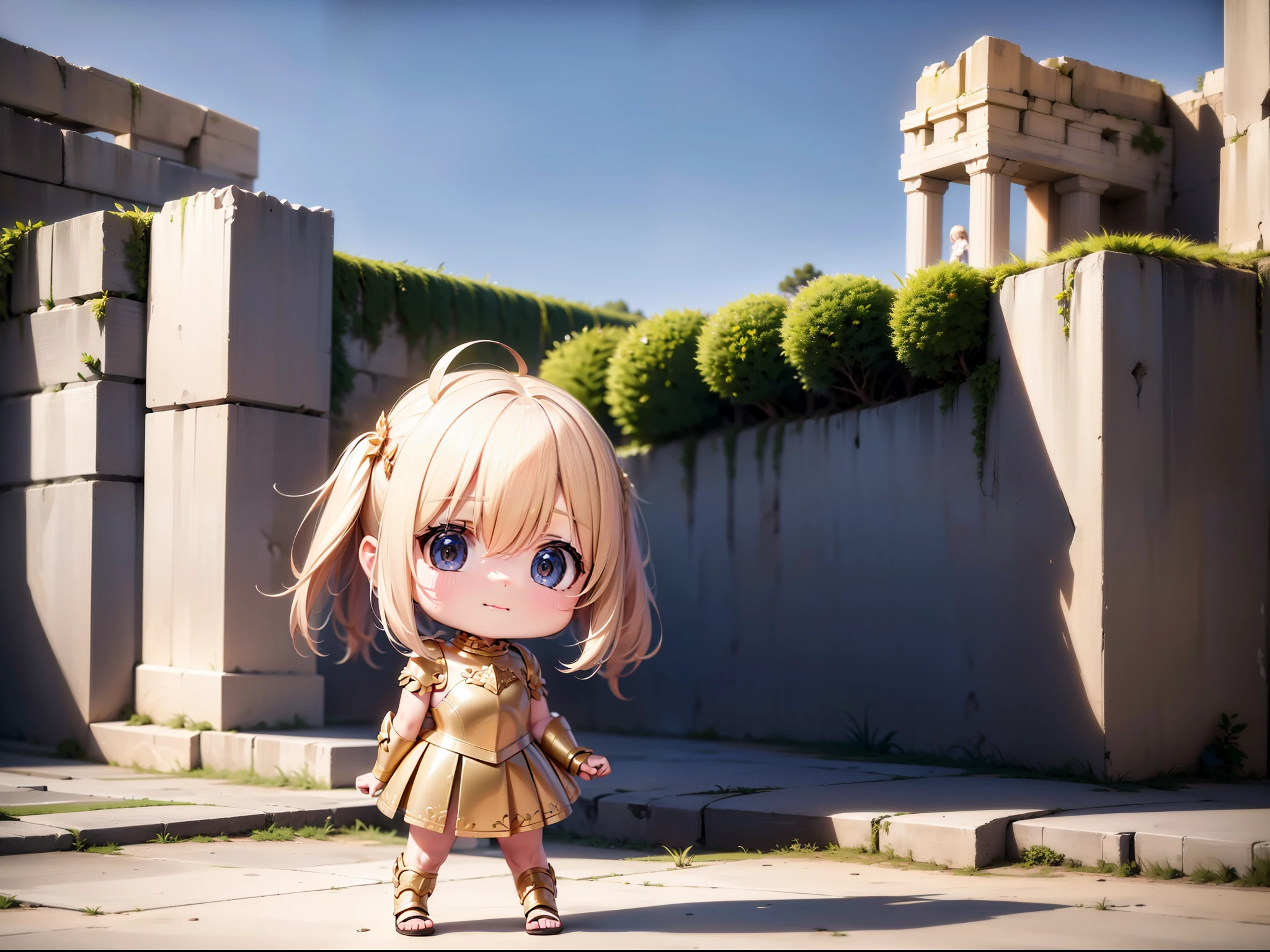 8K, UHD, HD details, masterpieces, (best details), (high quality), 1 cute little girl, wearing golden armor, standing in front of the ruins of ancient Greek walls