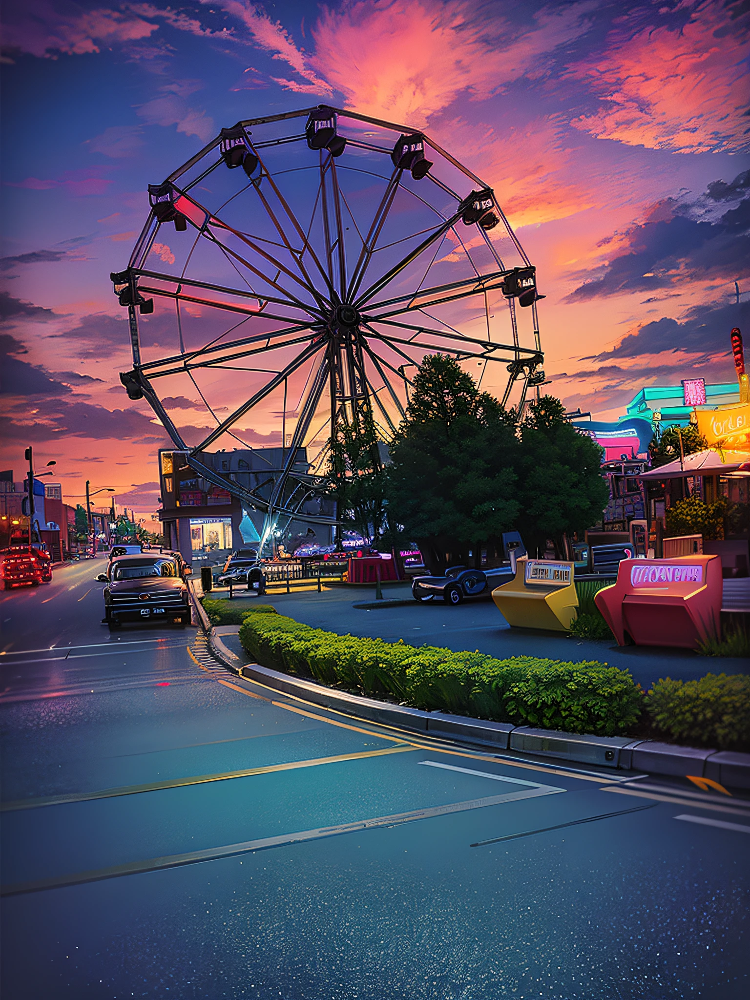 Ferris wheel with neon lights arafed on a street with cars parked in front of it, Ferris wheel, (Ferris wheel), outdoor fairs, rides, fair rides, amusement park, around the city, park in the background, trying to ride it, driving through a city 1 9 5 0 s, back to start, carnival, amusement park attractions