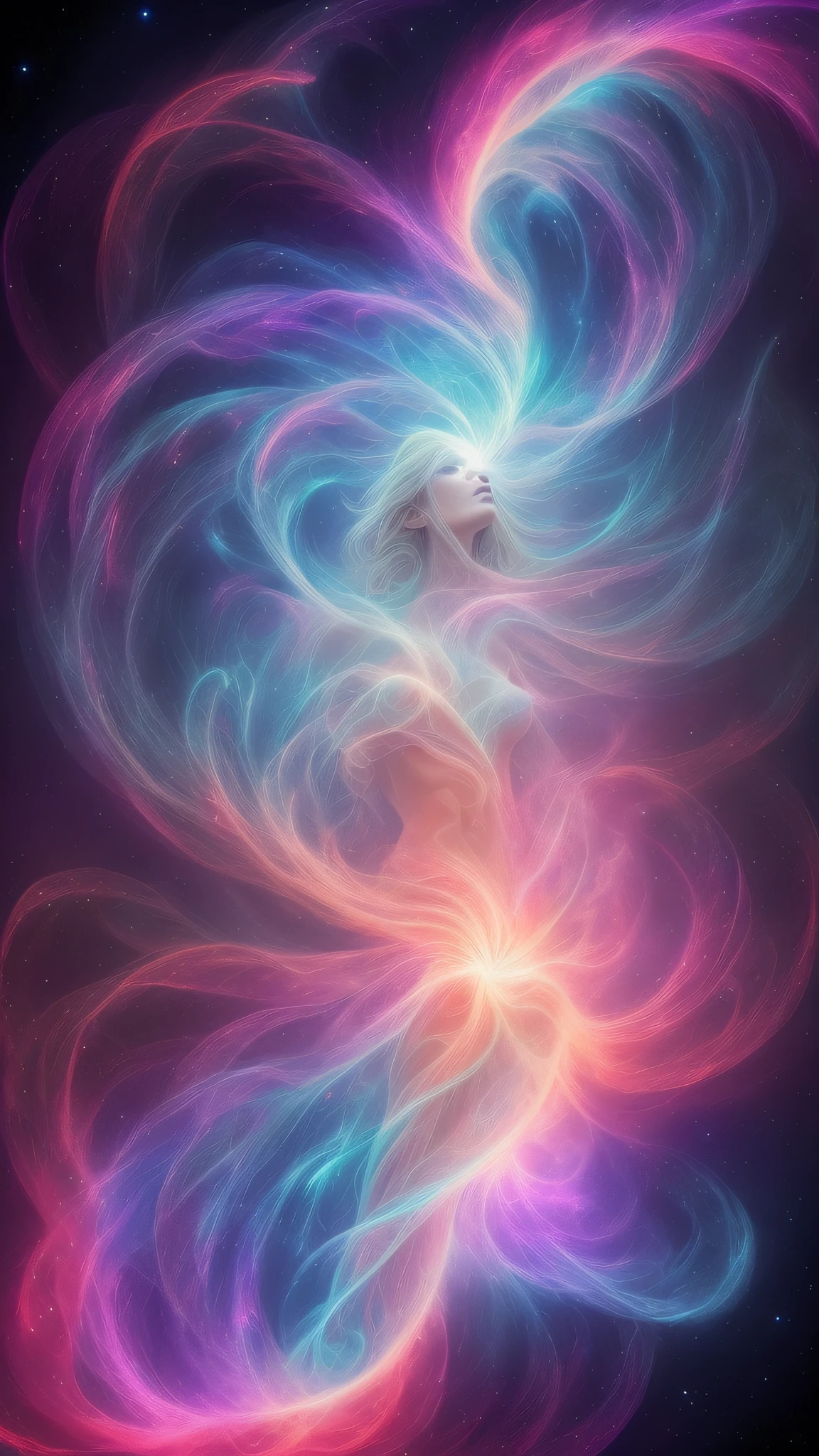 inconceivable and spectacular a scene of emergence of a figure from the glowing cloud, fractal nebula threads, cosmic entities, celestial, cosmic, vibrant and vivid, swirls, twirling, unrealistic, high contrast, symobolism, magical, mystical, mystifying, hyperrealistic, oversaturate, colorfully
