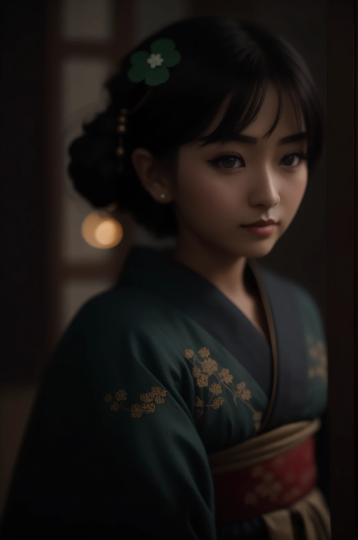 ((realistic lighting, superlative, 8k, masterpiece: 1.3)), beautiful 20-year-old 1 girl, short black hair, japanese geisha makeup, japan in the 40s, black eyes, everyday photos, black dragon, tavern without lights, eyes staring at the camera, eyes looking at the camera, ordinary villagers' outfit in the 900s, very beautiful pupils, round sparkling eyes, eyes with clover, very detailed figures, details, beautiful, film photography, Kodak, dreamy atmosphere,  Film Grain, Film Photography, Concept Photo, Real, Real, Unenlarge