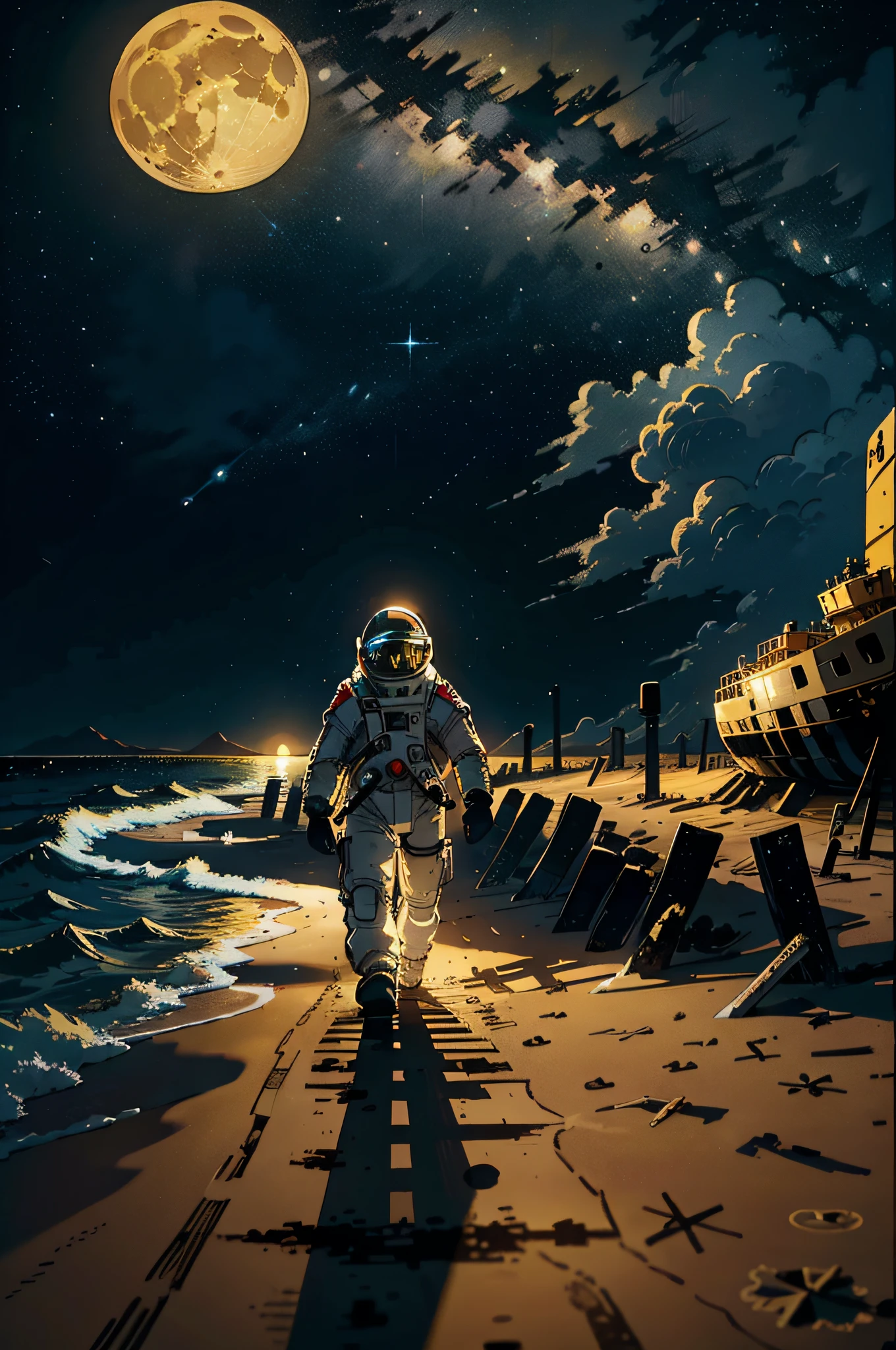 An art with an astronaut in intricate space suit walking on the beach and 1 yellow full moon visible behind, night sky with few stars, full moon, ruins of ship in the sand, masterpiece, wide viewing angle, award-winning, best quality.