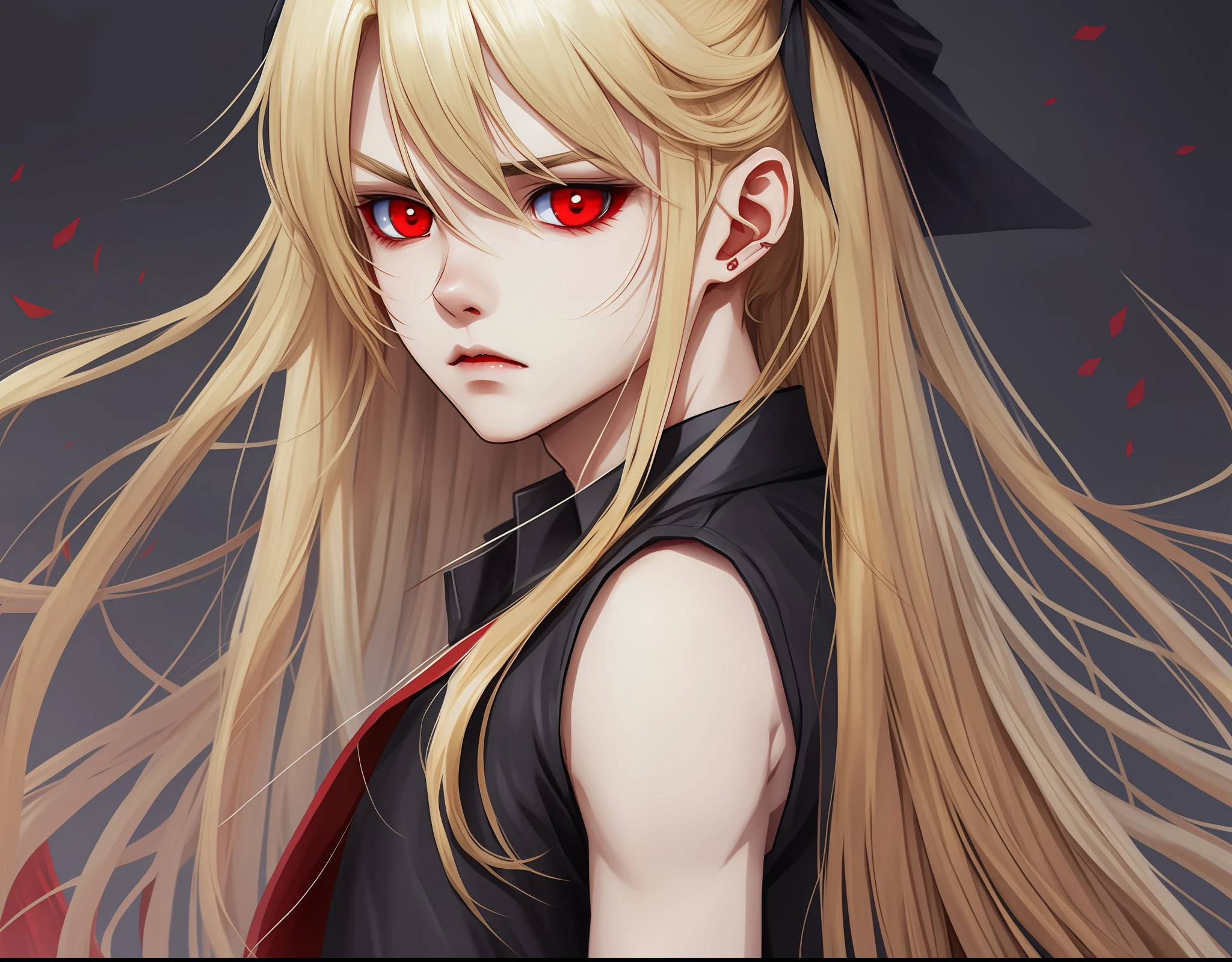 anime style, vampire girl, blonde, with red eyes, small, on the back of a brown boy with long hair, wearing black clothes, the boy's eyes have heterochromia, one being yellow and the other red --auto --s2