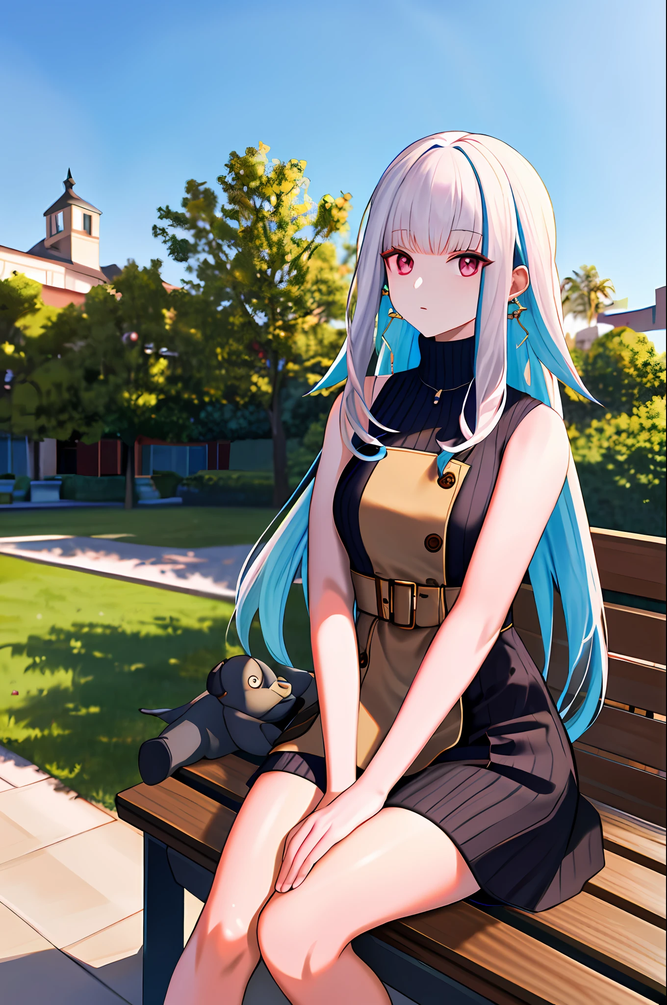 masterpiece, best quality, high resolution, fiona1, spy × family, hair_over_one_eye, solo, earrings, chest, expressionless, sweater dress, turtleneck sweater, sleeveless, outdoors, sitting, bench, long hair,pink eyes