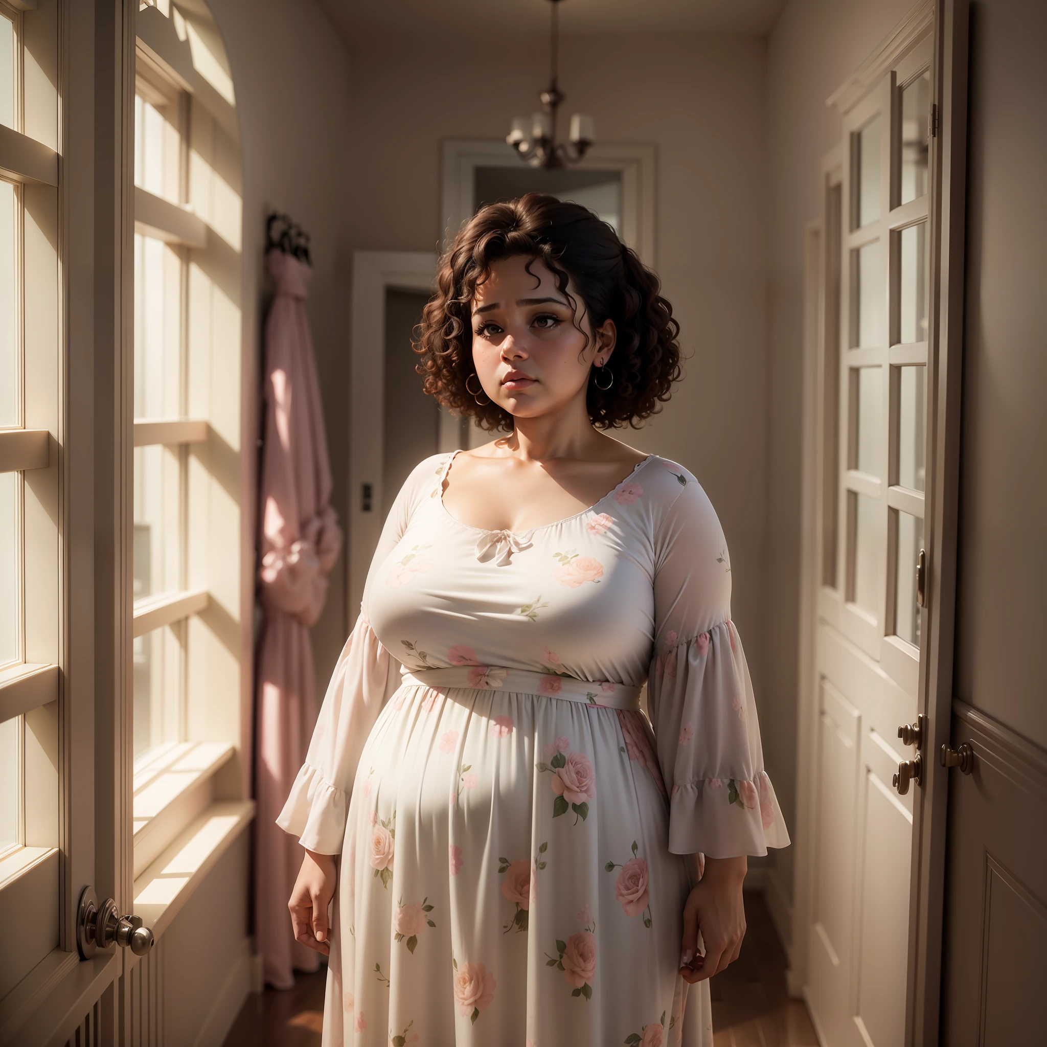 Ultra realistic image of an ugly woman, 30-something, obese, short curly hair disheveled, dressed in a flowery, sad dress, looking at herself in a mirror of a large room, morning light