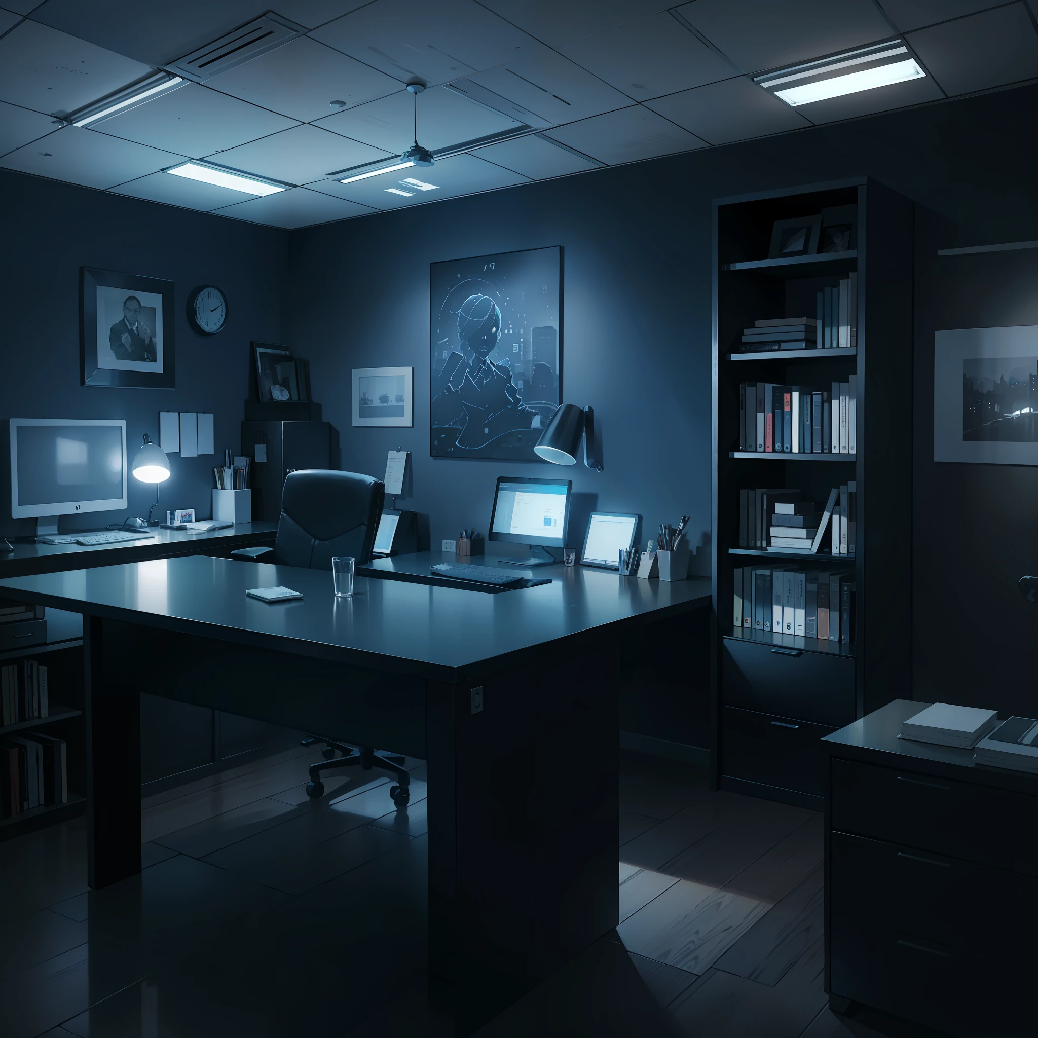 Office boss desk, scary, horror, themed dark, dark, night, low lighting, dark blue colors,