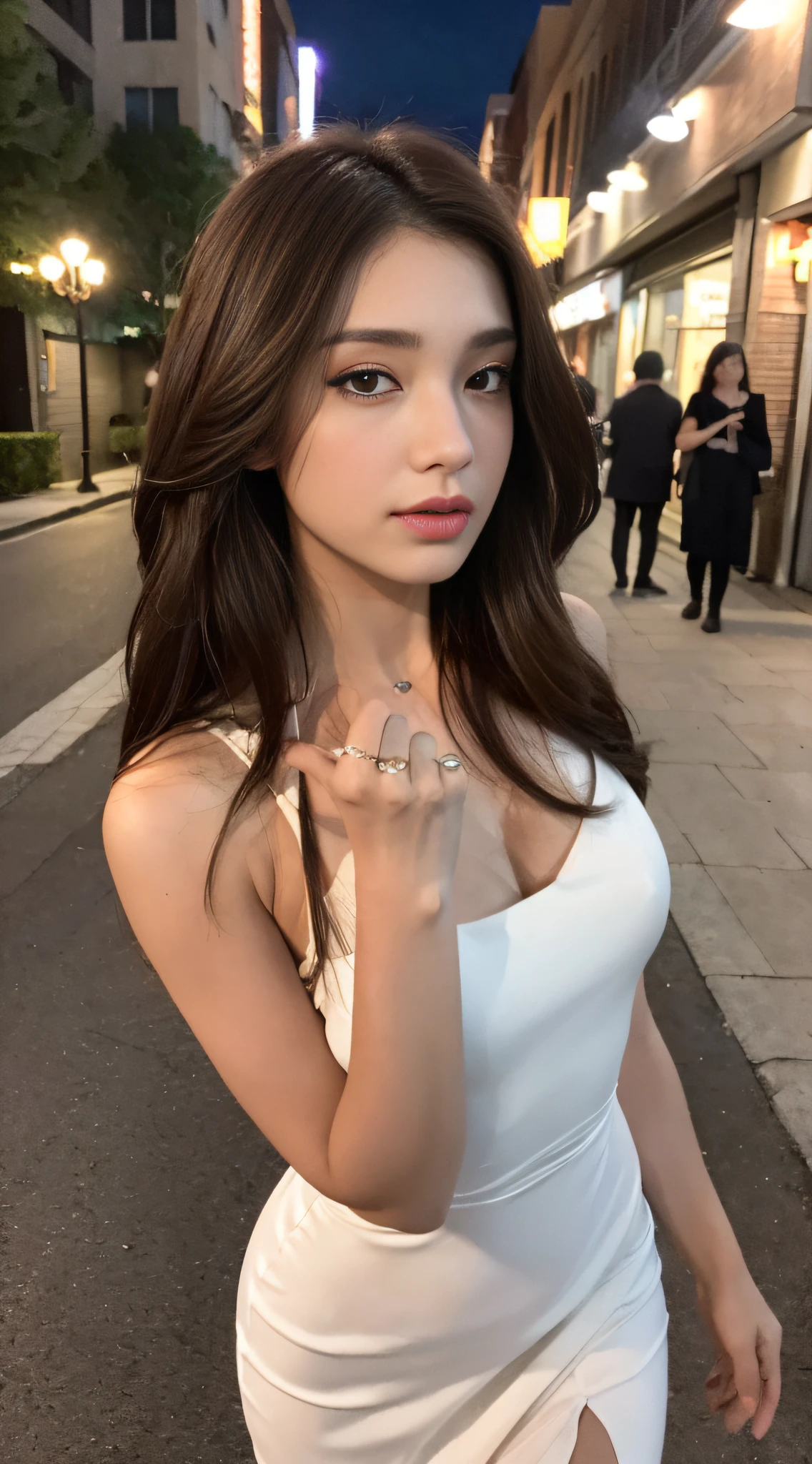 ((Natural Light, Best Quality, 8K, Masterpiece: 1.3)), Focus: 1.2, 1 Beauty, Perfect Figure: 1.4, Thin Waist: 1.1, ((Dark Brown Hair)), (White Dress: 1.4), (Outdoor, Night View: 1.1), City Street, Super Fine Face, Fine Eyes, Double Eyelids.