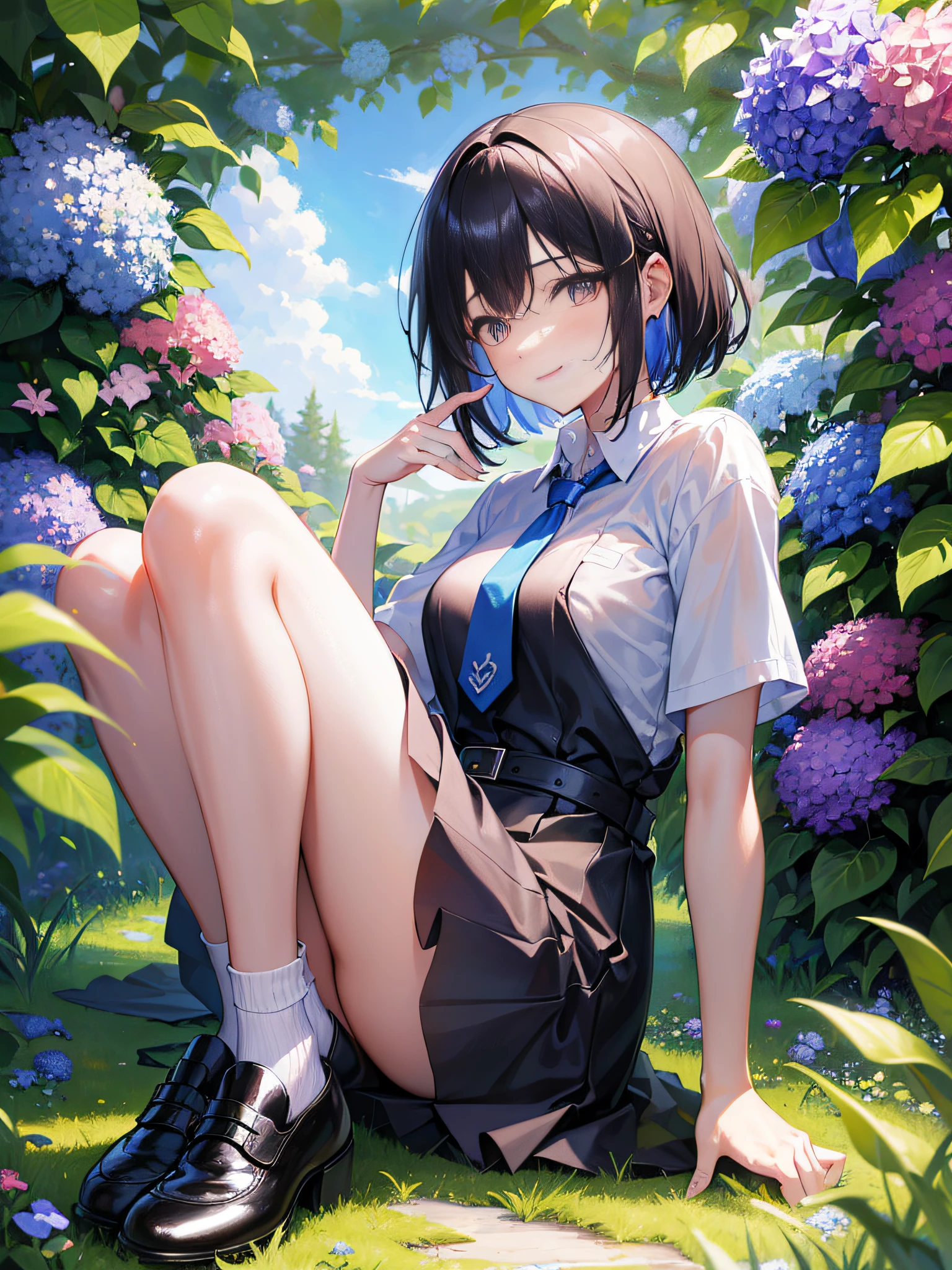 ((masterpiece, super detailed, fine detail, top quality, illustration)), blue sky, 20-year-old woman, beautiful woman, beautiful wet black hair, bob cut, beautiful red eyes, close-up, wet white shirt, tie, checked miniskirt, black socks, black shoes, a lot of hydrangea, rainbow visible, whole body, smile, looking up, wiping body with a handkerchief,