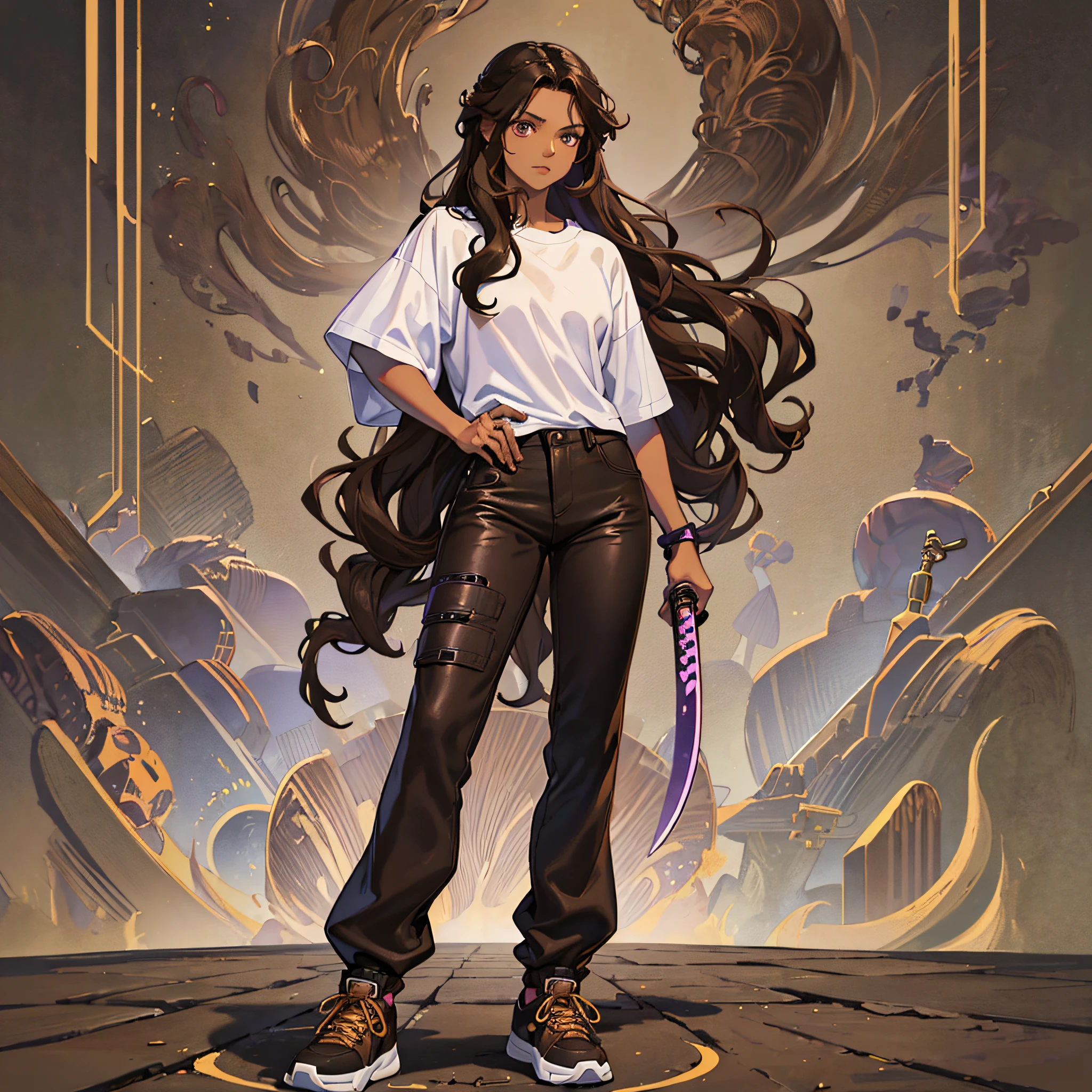 woman, long brown hair, purple eyes, thin, medium stature,(((whole body))),wearing black pants, wearing black baggy t-shirt, wearing black sneakers all stars, (((wavy hair))), ((((((brown skin)))))), with a purple katana, RPG art, digital art --auto --s2