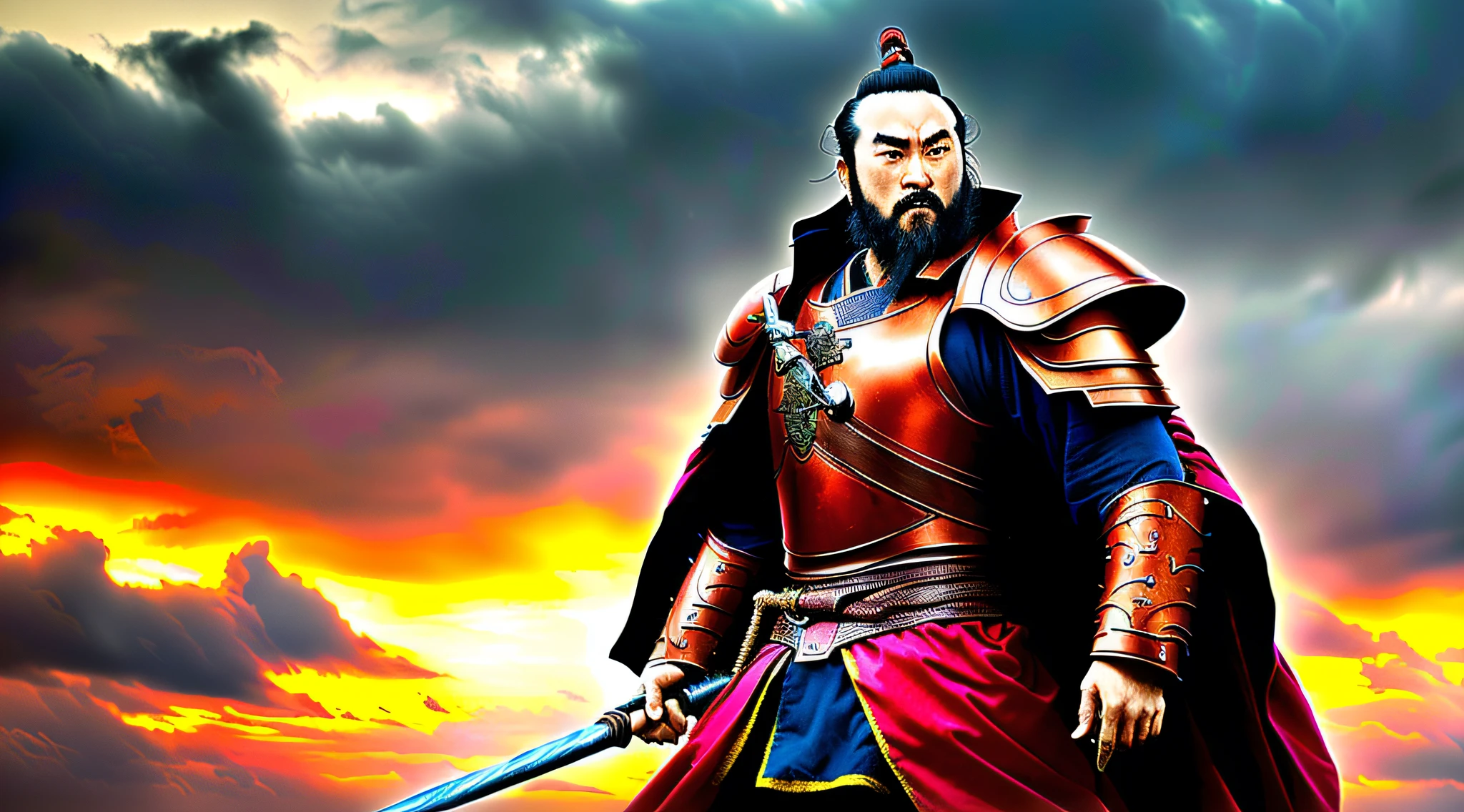 (Very detailed 8k wallpaper), Zhang Fei wearing copper armor, tall, ten-headed body, red cape, broad shoulders, spear, dark clouds on the background, fierce wind, intricate, high detail, dramatic