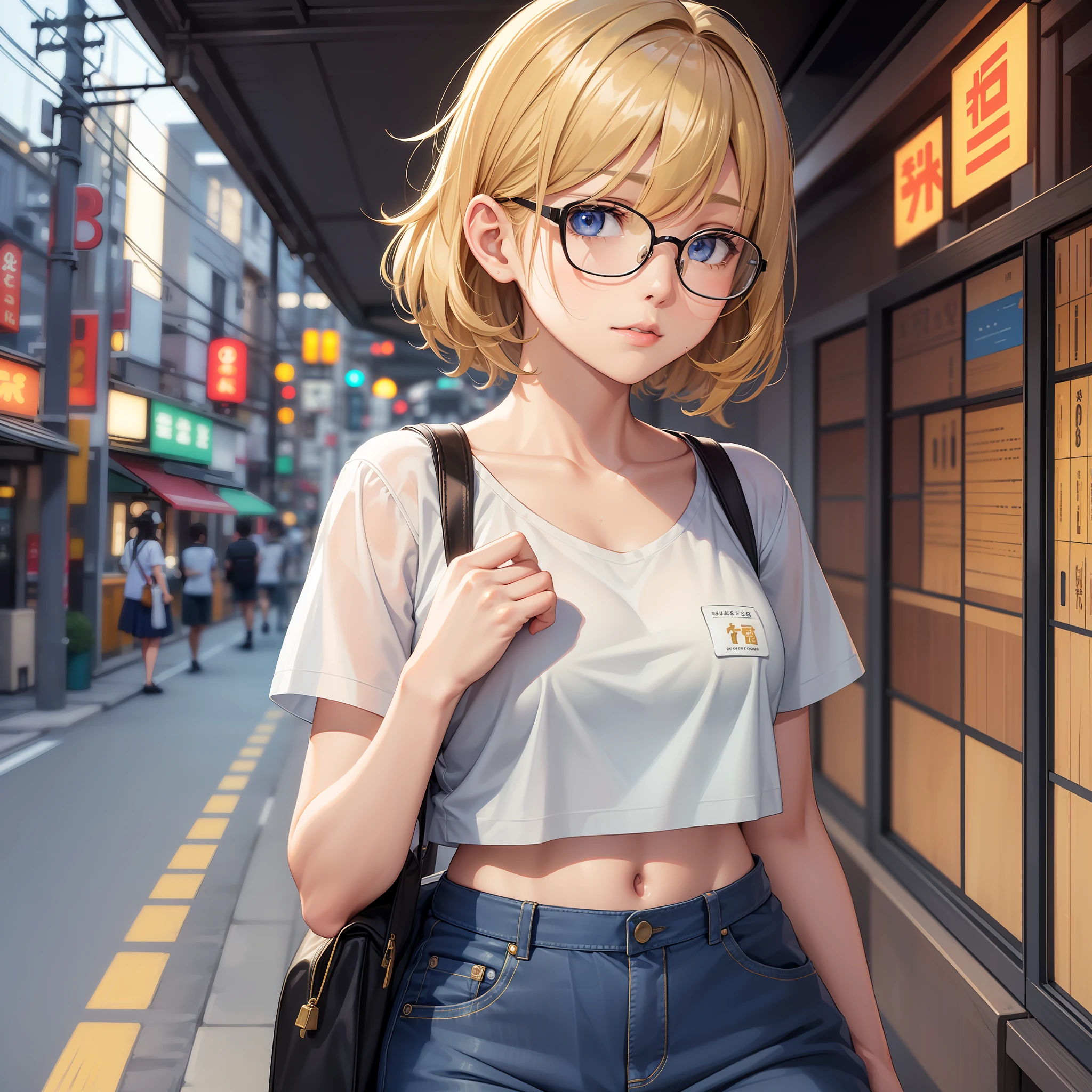 1 Beautiful Girl,8K,Best Quality,Masterpiece(3G),Perfect Body Line (Wheat Colored Skin, Big),22 Years Old,College Student,Honda Cub (Front)(Best Quality),Big Glasses,Highly Detailed Background (Waiting for Traffic Light,Hakone Yumoto Station,High Quality),Hakone Gal,Foreigner(Quality Top Quality),Beautiful Lighting,Short Hair (Blonde,Moisturized Hair)