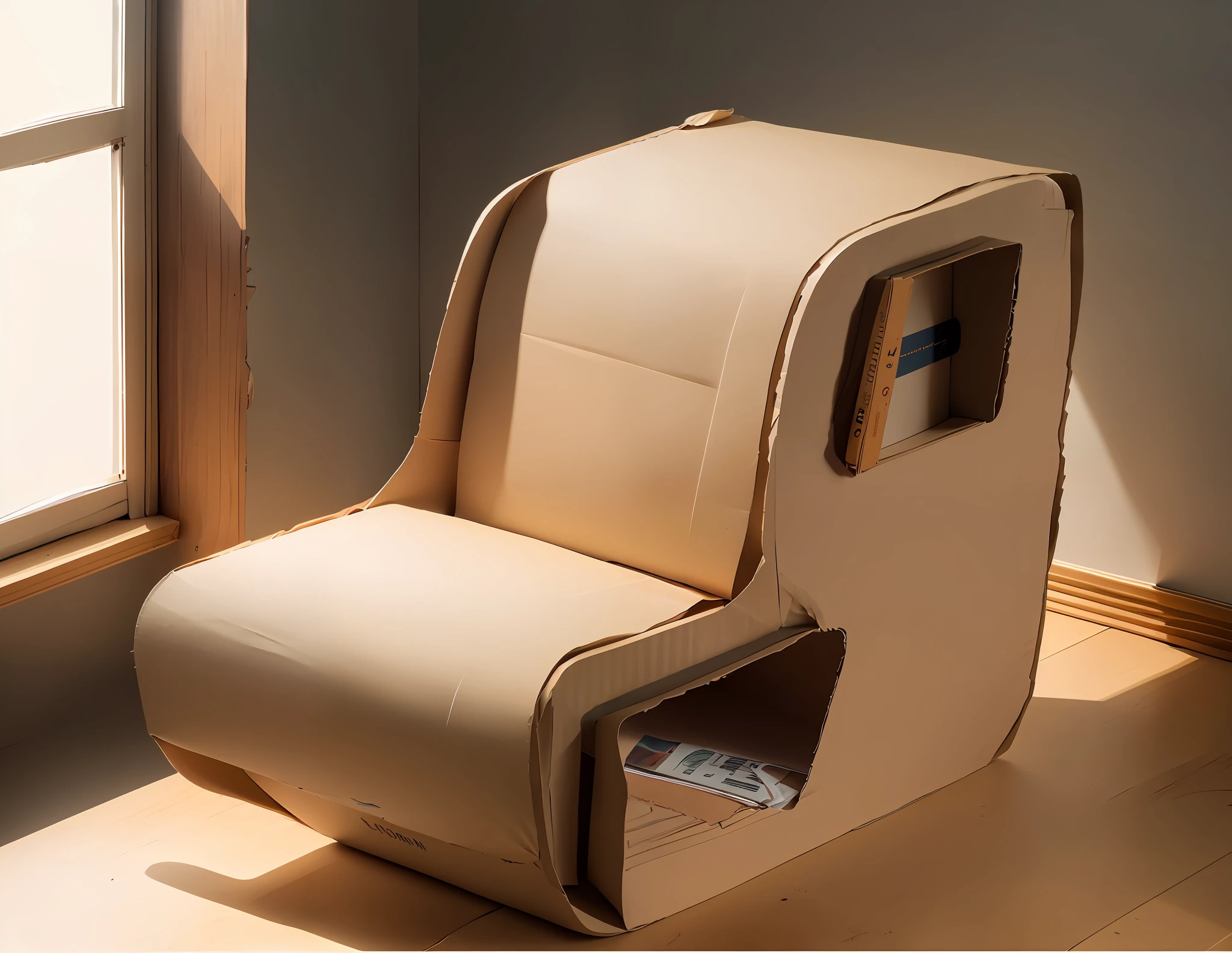 A woman leans on this chair, there is a cardboard chair in the room with a book, cardboard, armchair, furniture concept photo!, made of cardboard, placed in the living room, chair, furniture flip, furniture flip, innovation, innovation, game chair as toilet, semi-realistic rendering, rendering in corona, throne, strong sunlight, folded, on a comfortable chair