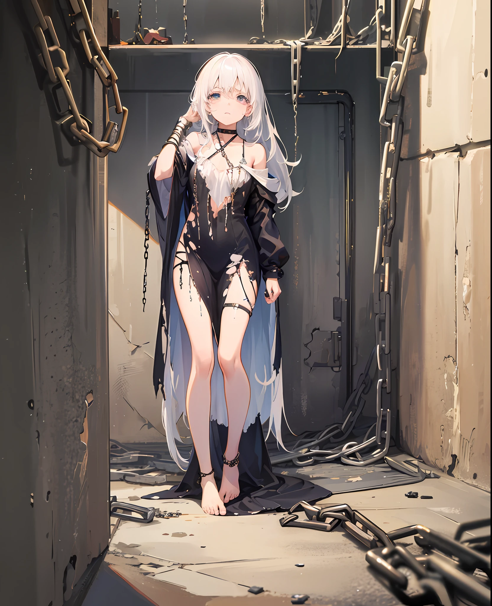 Girl, in the cell, standing, barefoot, bare legs, wearing tattered clothes, sad, terrified, tearful, imprisoned by chains, feet locked by chains, white hair, bare shoulders, clothes torn, tattered clothes, hands hung by chains,