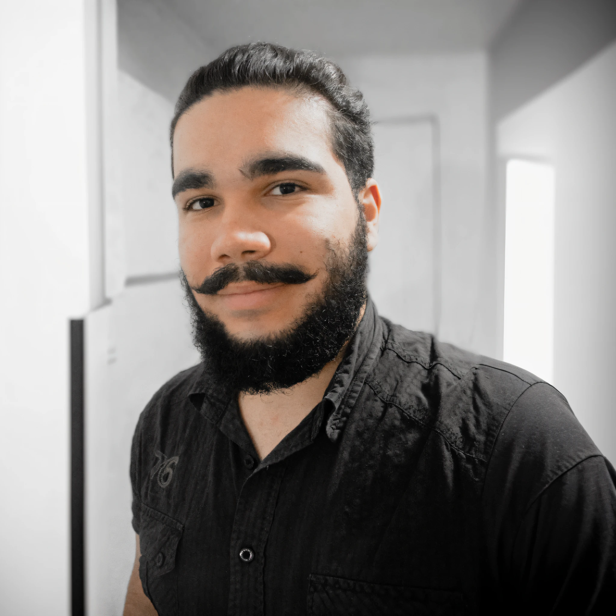 arafed man with a beard and a mustache in a black shirt, with a beard and a black shirt, twitch streamer / gamer ludwig, with a full black beard, inspired by Antônio Parreiras, david rios ferreira, with a small beard, small beard, high quality portrait, headshot profile picture, portrait shot 8 k, caio santos