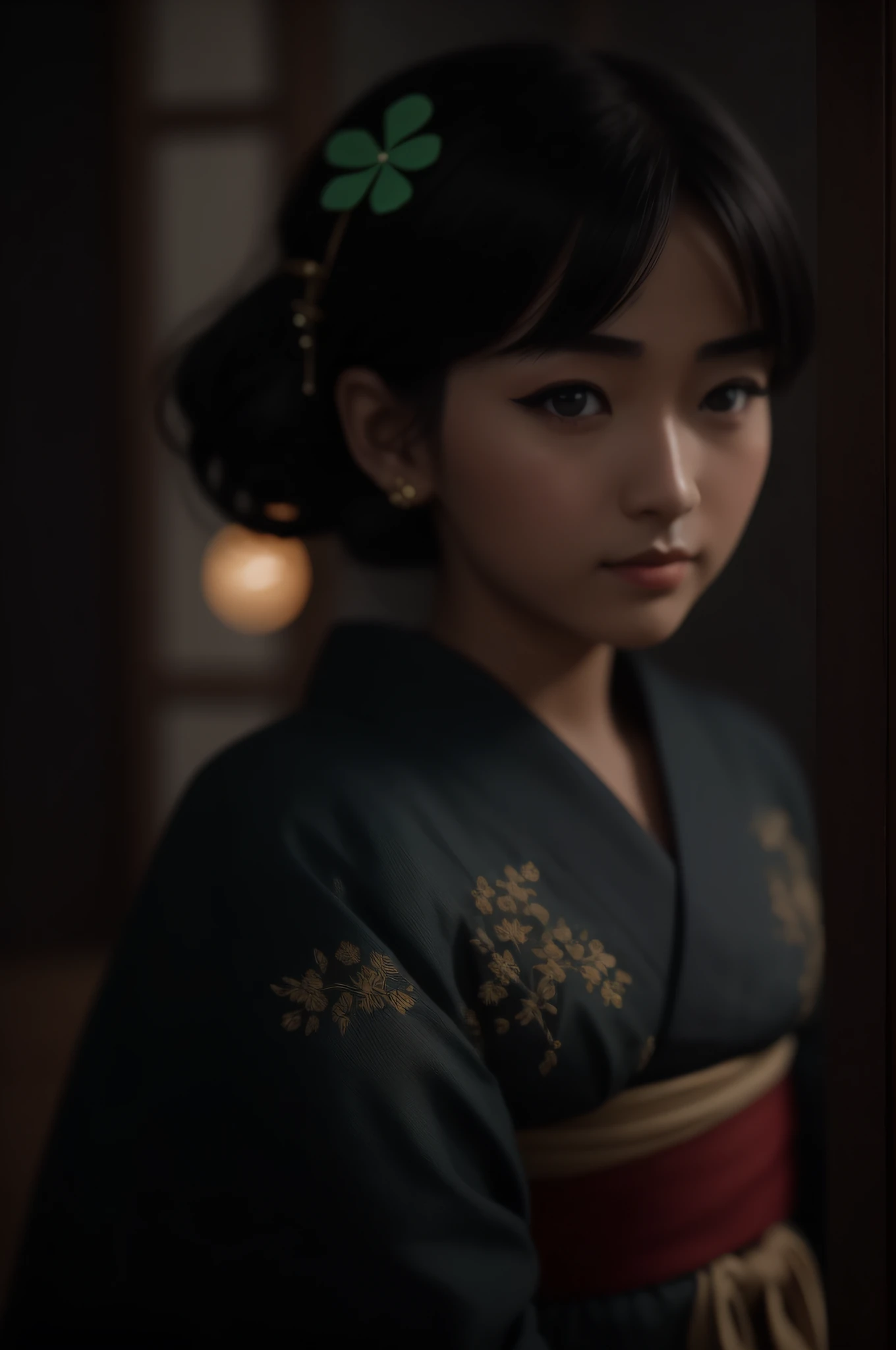 ((realistic lighting, superlative, 8k, masterpiece: 1.3)), beautiful 20-year-old 1 girl, short black hair, japanese geisha makeup, japan in the 40s, black eyes, everyday photos, black dragon, tavern without lights, eyes staring at the camera, eyes looking at the camera, ordinary villagers' outfit in the 900s, very beautiful pupils, round sparkling eyes, eyes with clover, very detailed figures, details, beautiful, film photography, Kodak, dreamy atmosphere, Film Grain, Film Photography, Concept Photo, Real, Real, Unenlarge