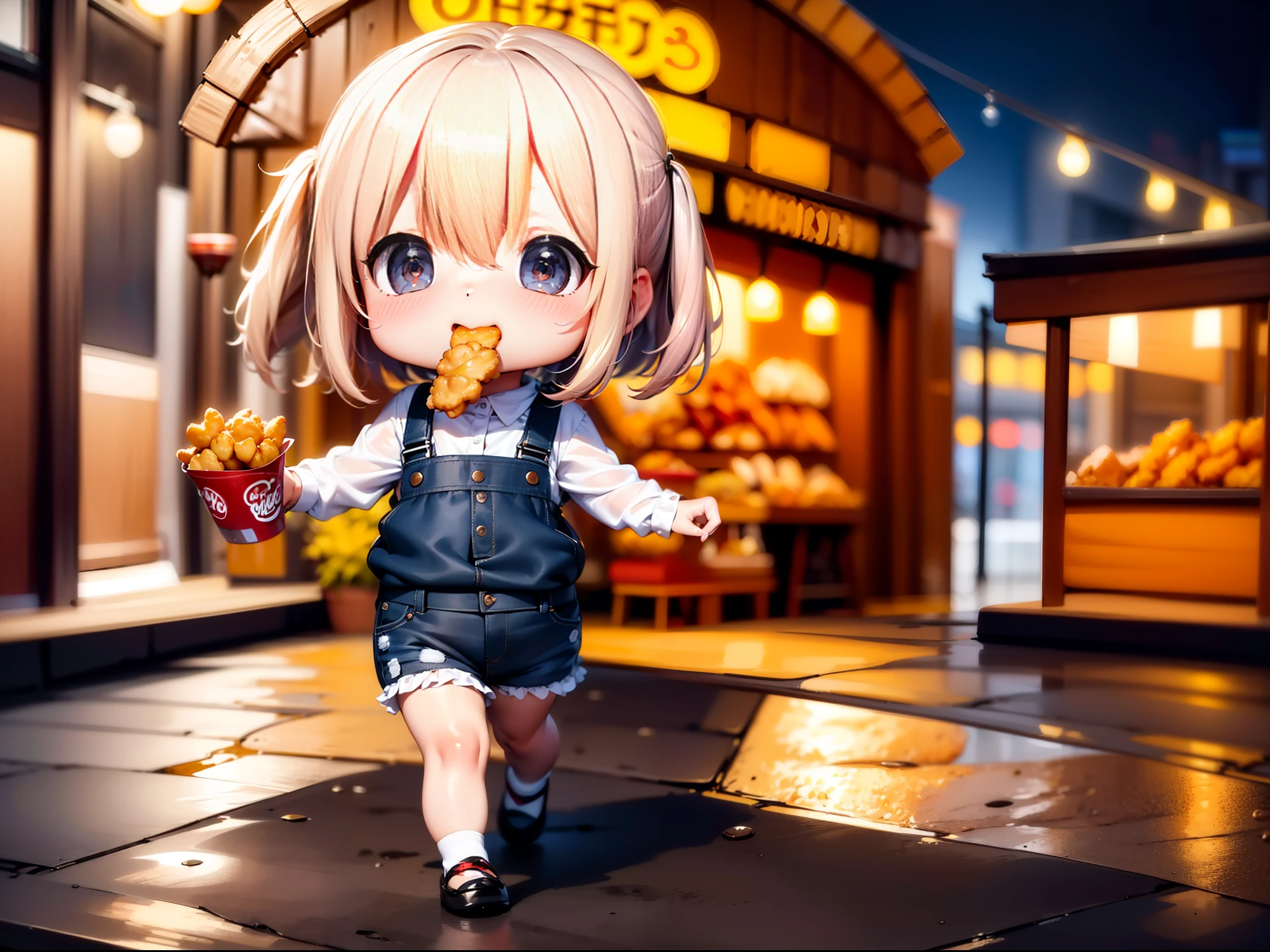 8K, UHD, HD details, masterpiece, ((best details)), ((high quality)), in the night food street, a cute  girl wearing suspender jeans and short-sleeved vest, eating fried chicken nuggets while walking