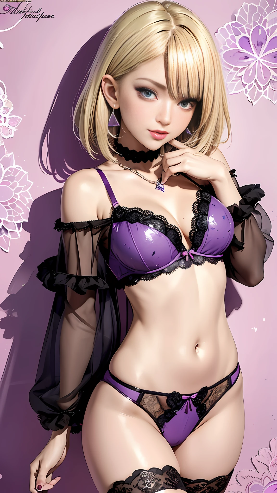 Realistic, Hyper Detail, Girls Only, Dynamic Lighting, (Glossy skin: 1.5), Masterpiece, Top Quality, Absurdity, ((limited palette)), one side short layered bob,((Blonde:1.5) and (light purple inner color:1.2) Hair), ((deep lilac Clear Eyes)),((Beautiful, detailed eyes, jewel-like eyes, sparkling eyes:1.3)) , seductive girl, beautiful alluring woman, beautiful alluring teen, attractive girl, beautiful girl, beautiful sexy woman, sexy girl, see-through lingerie, beautiful artwork, fine detail, best girl, detailed digital art,earrings, jewelry, lace-trimmed bra, lace trim panties, lingerie, lace-trimmed legwear, black lace, looking_at_viewer, navel, pantyhose,smile, blush, (watercolor splatter background:1.3)