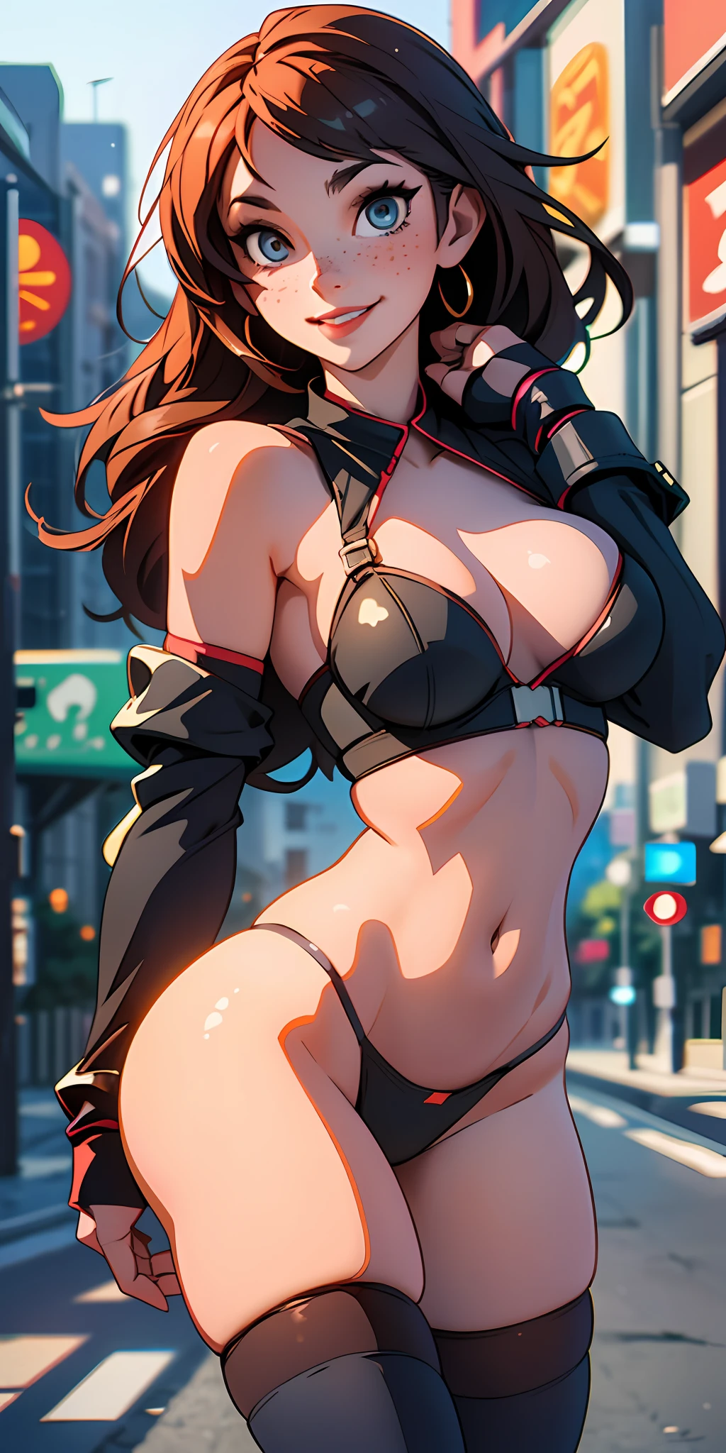 (best quality, masterpiece), 1girl, minimal underwear, thigh highs stockings, makeup, dynamic pose, backlighting, seductive smile, freckles, street, blurry background,