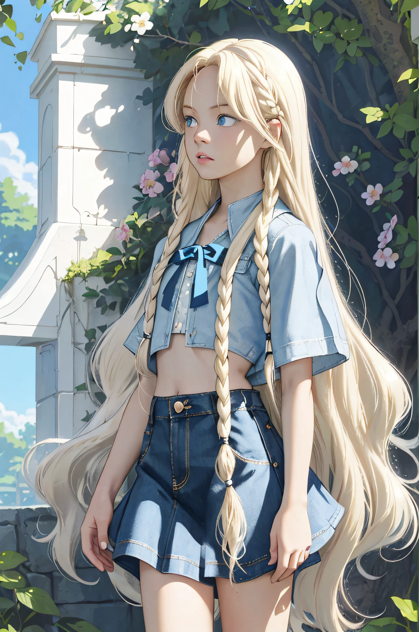 (masterpiece, best quality), ultra high resolution, depth of field, 1 pretty anime girl, 12 years old, finely detailed, high details, high quality shadow, beautifully detailed, (bokeh: 1.5), solo, flower, outdoor, day, sky, cloud, sunlight, white shirt with short sleeves, very short denim skirt, cropped, full body, whole body in the middle of the picture, from the side, blue sky, (highly detailed skin, skin details), look viewer, long blonde hair,  artfully braided hair, parted lips, petite breasts, flat stomach, long hair (platinum blonde hair:1.5), ((blue eyes)), Art by Makoto Shinkai, Anime Moe Artstyle, Digital Art on Pixiv, Azur Lane Style