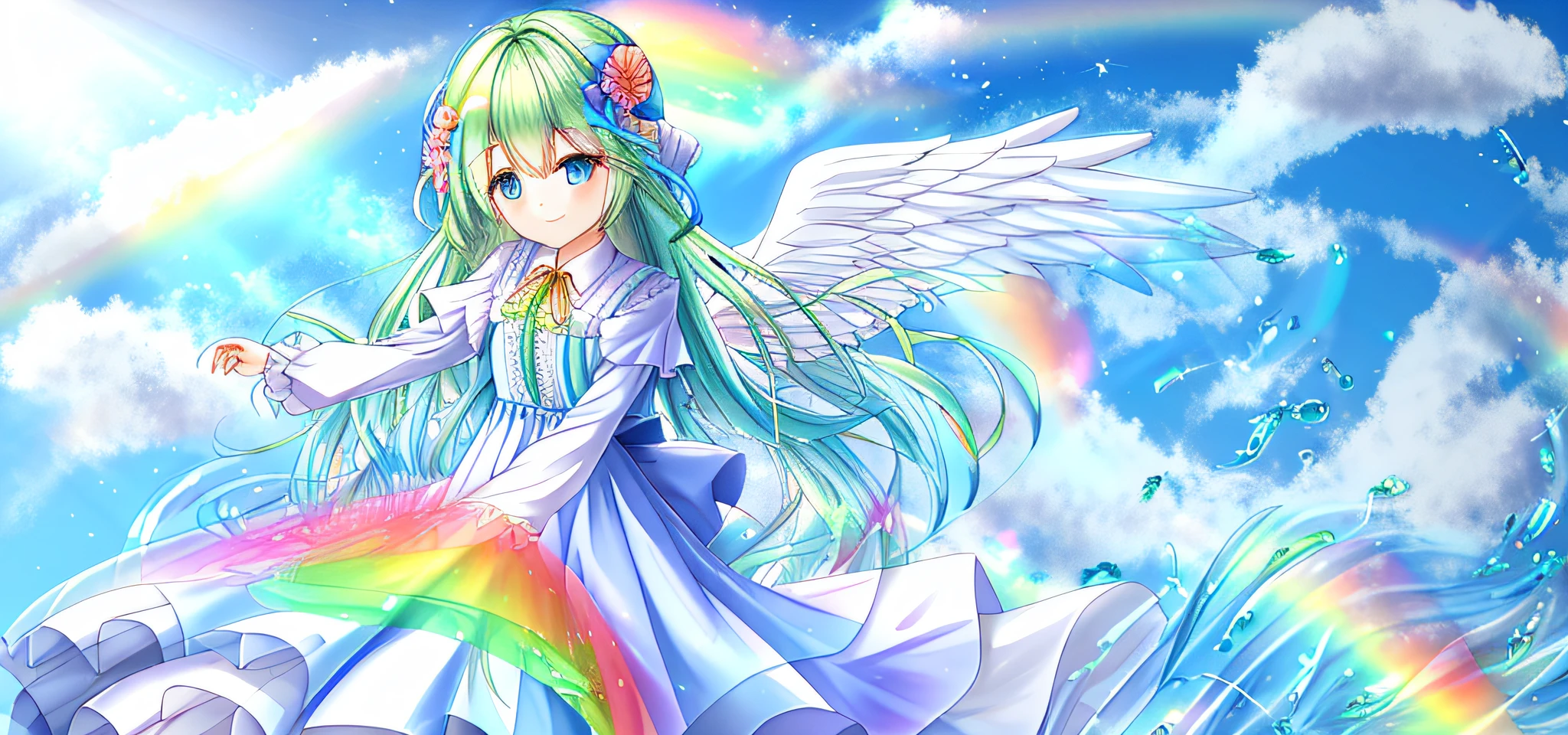 Cute angel in rainbow colors, long dress like flowing water