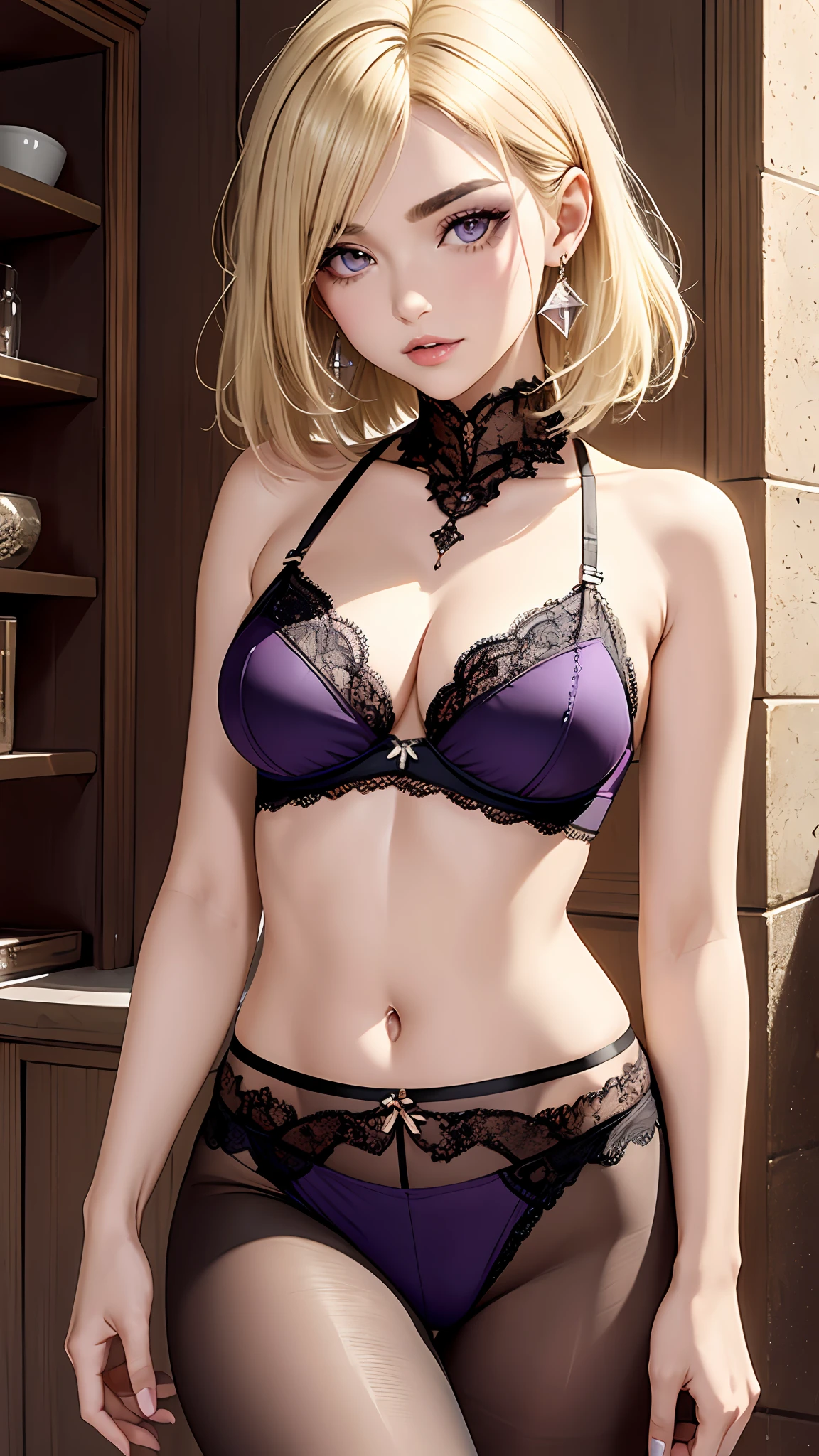 Realistic, Hyper Detail, Girls Only,  Dynamic Lighting, (Glossy skin: 1.5), Masterpiece, Top Quality, Absurdity, ((limited palette)), one side short layered bob,((Blonde:1.5) and (light purple inner color:1.2) Hair), ((deep lilac Clear Eyes)),((Beautiful, detailed eyes, jewel-like eyes, sparkling eyes:1.3)) , a woman in a lingerie standing on a beach, seductive girl, beautiful alluring woman, beautiful alluring teen, attractive girl, beautiful girl, beautiful sexy woman, sexy girl, see-through lingerie, beautiful artwork, fine detail, best girl, detailed digital art,earrings, jewelry, lace-trimmed bra, lace trim panties, lingerie, lace-trimmed legwear, black lace, looking_at_viewer, navel, pantyhose,(eyebrows,eyeshadow:1.3)