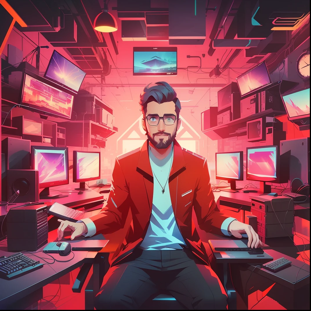 there is a man sitting on a desk with a lot of computer screens, anton fadeev 8 k, overload, digital artist, digital art render, hypermaximalistic, twitch streamer / gamer ludwig, beeple and jeremiah ketner, beeple and mike winkelmann, background artwork, promo art, cyril rolando and goro fujita