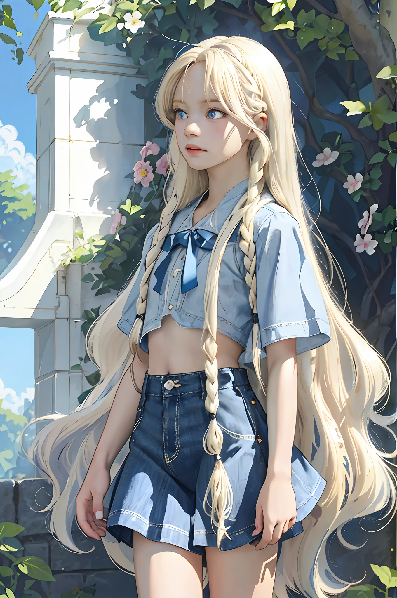 (masterpiece, best quality), ultra high resolution, depth of field, 1 pretty anime girl, 12 years old, finely detailed, high details, high quality shadow, beautifully detailed, (bokeh: 1.5), solo, flower, outdoor, day, sky, cloud, sunlight, white shirt with short sleeves, very short denim skirt, cropped, full body, whole body in the middle of the picture, from the side, blue sky, (highly detailed skin, skin details), look viewer, long blonde hair,  artfully braided hair, parted lips, petite breasts, flat stomach, long hair (platinum blonde hair:1.5), ((blue eyes)), Art by Makoto Shinkai, Anime Moe Artstyle, Digital Art on Pixiv, Azur Lane Style