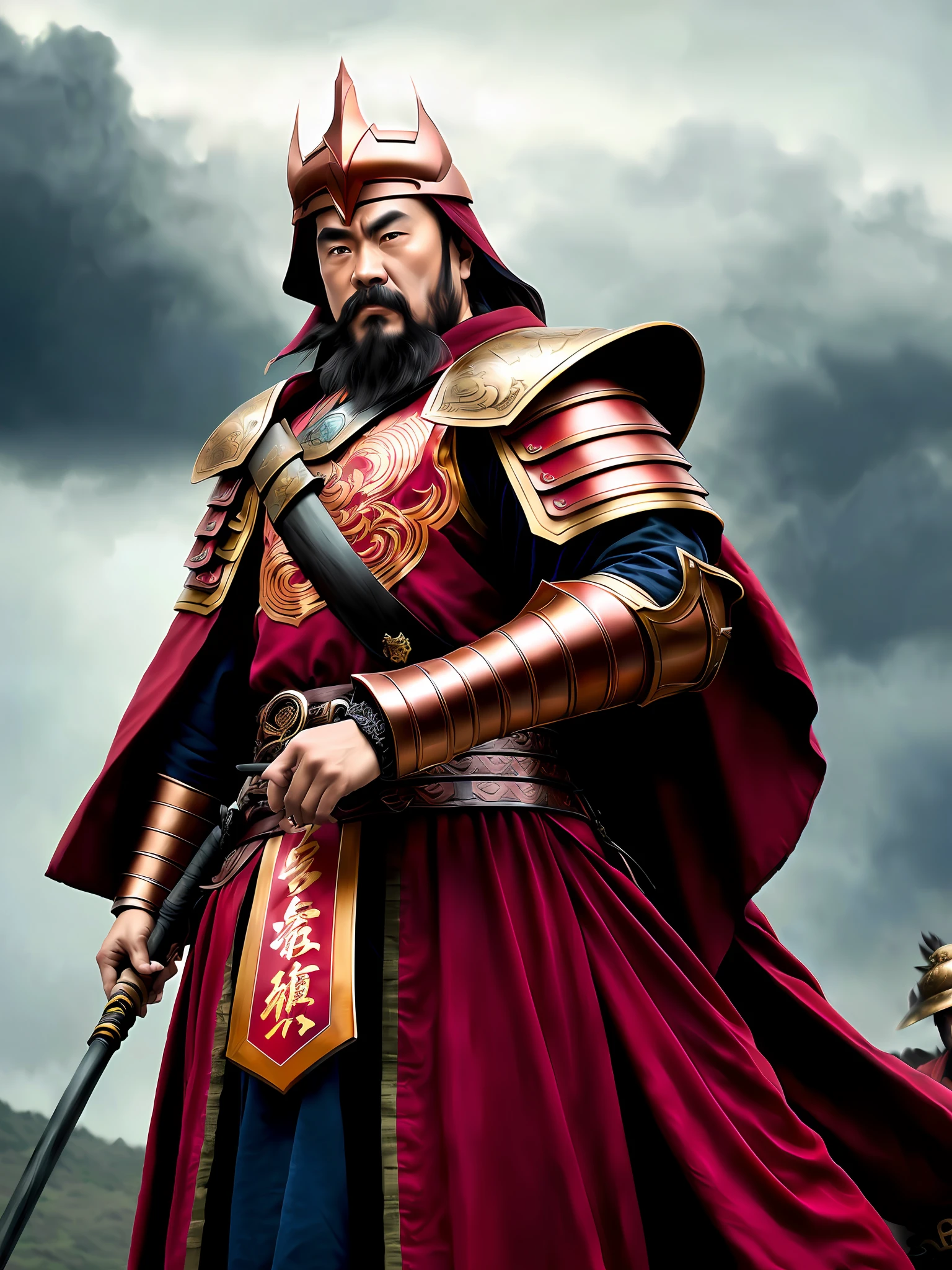 (Very detailed 8k wallpaper), Zhang Fei wearing copper armor, tall, ten-headed body, red cape, broad shoulders, spear, dark clouds on the background, fierce wind, intricate, high detail, dramatic