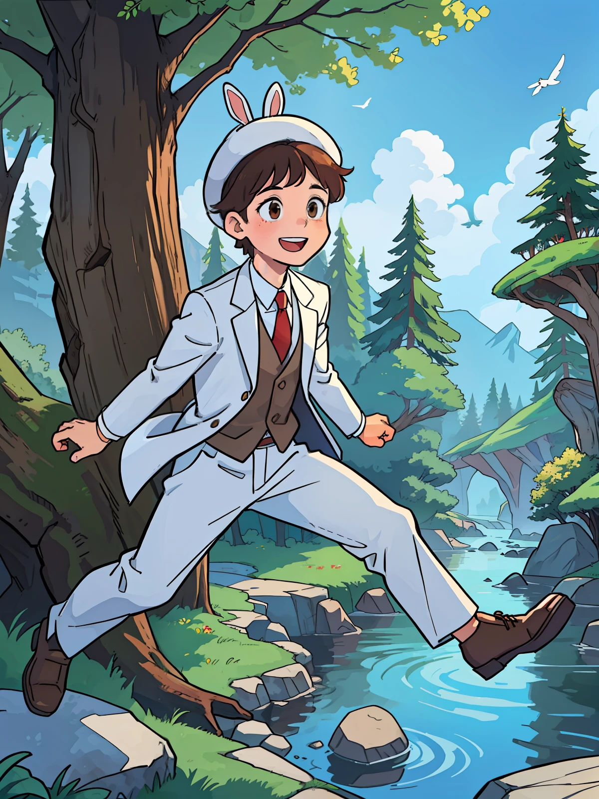 a boy, with a rabbit hat, and a white suit, with a red tie, jumping, smiling (best quality) (masterpiece) (perfect ???????) (brown eyes) in a magical forest, full of colorful flowers, with a river and small rocks, with large trees and reach to the sky, with several squirrels and deer, bears (detailed) (well drawn)