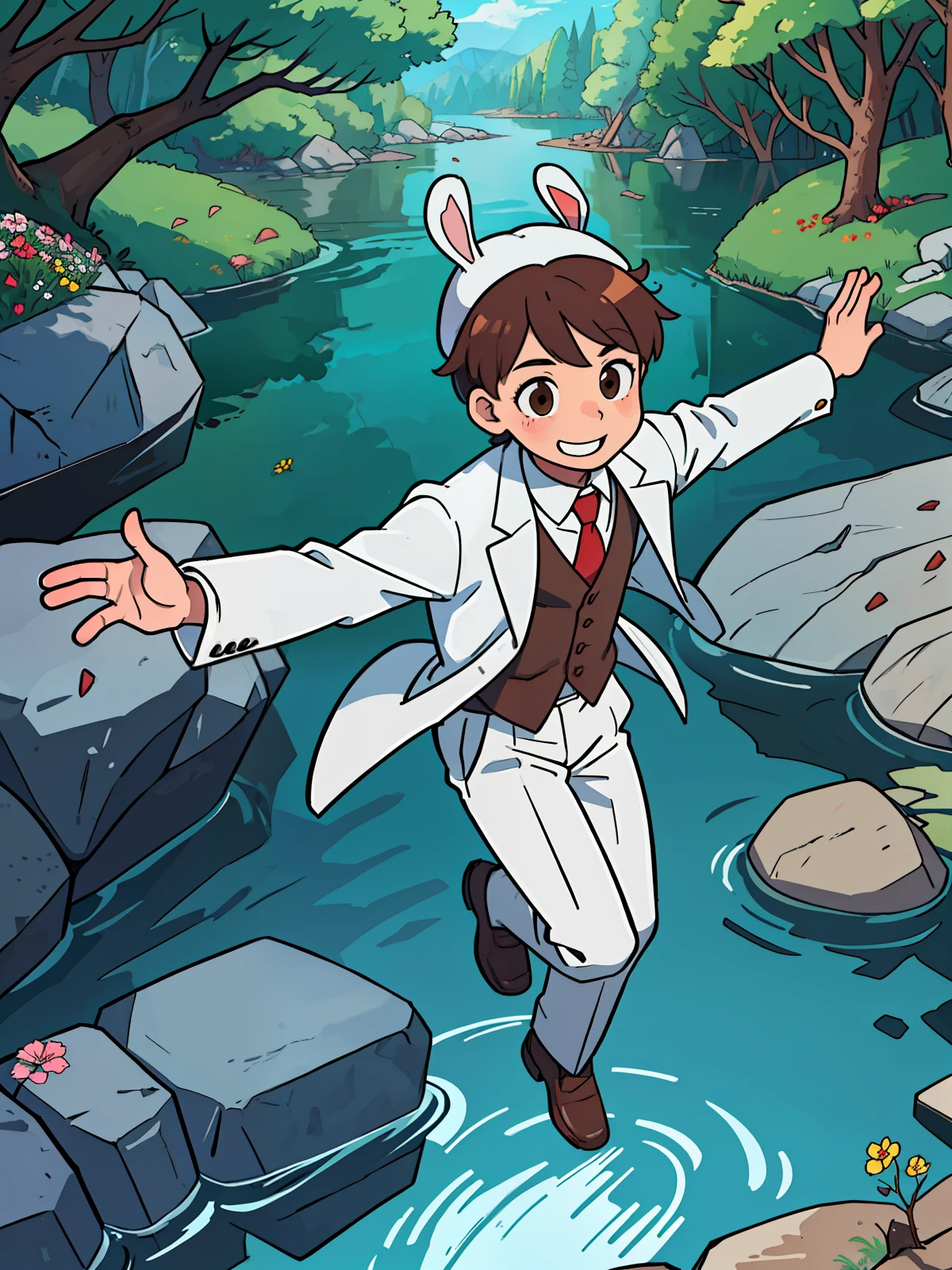 a boy, with a rabbit hat, and a white suit, with a red tie, jumping, smiling (best quality) (masterpiece) (perfect anatomy) (brown eyes) in a magical forest, full of colorful flowers, with a river and small rocks, with large trees and reach to the sky, with several squirrels and deer, bears (detailed) (well drawn)