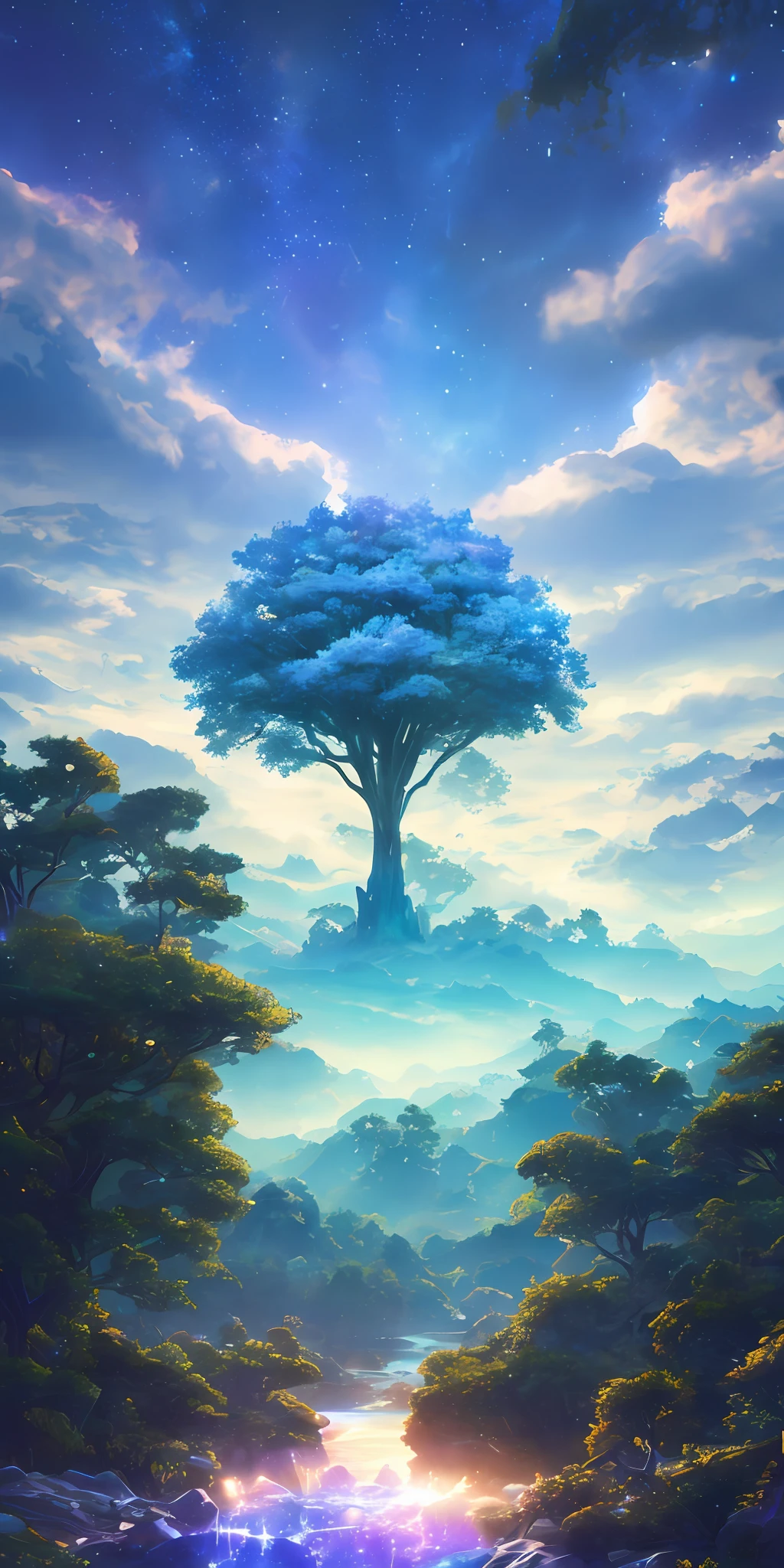 Illustration of a hyperrealistic , otherworldly, ultrasky scene featuring a giant crystal tree full body,very detailed and magical lighting, intricate forest details, vegetation and river around, solarpunk ,landscape, giant tree, beatifull leafy with beautiful lighting and realistic proportions, as if it were a cinematic background, 8k, highest quality, masterpiece, clouds and stars in the sky.