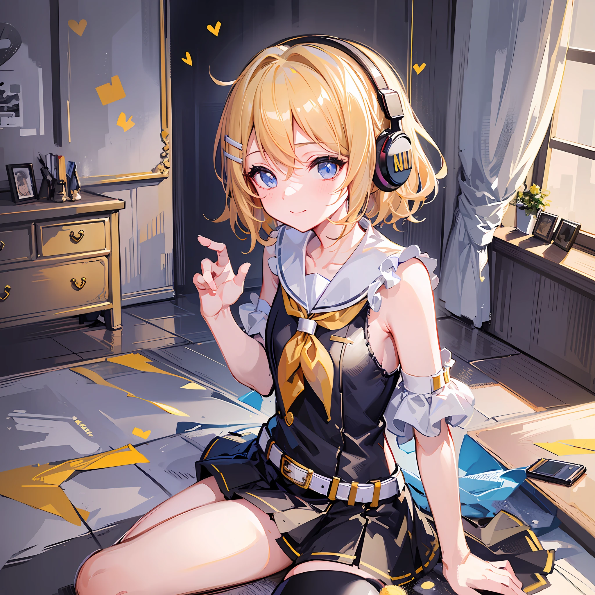 Masterpiece, Top Quality, Illustration, Super Detail, High Resolution, Absurdity, One Girl, (Kagamine_Rin: 1.5), Vocaloid, Very Cute, [Blonde], [Short Hair], Hair Clip, (Beautiful Blue Eyes), Lively Eyes, (Bright Eyes: 1.2), Beautiful Girl, Smiling, [Sailor Suit in White Tone], (Black Shorts: 1.5), Belt, shoulders are cut off, (yellow neckerchief), [White hair clip], [Headphones], Love in background, Heart, Love Love, Light, Delicate hands, Innocence, (Young: 1.3), ***********, Lori, girlfriend, bedroom, Night, Delicate eyes, Bare legs, [Blue Archive Style], [Beautiful Girl Anime Style]