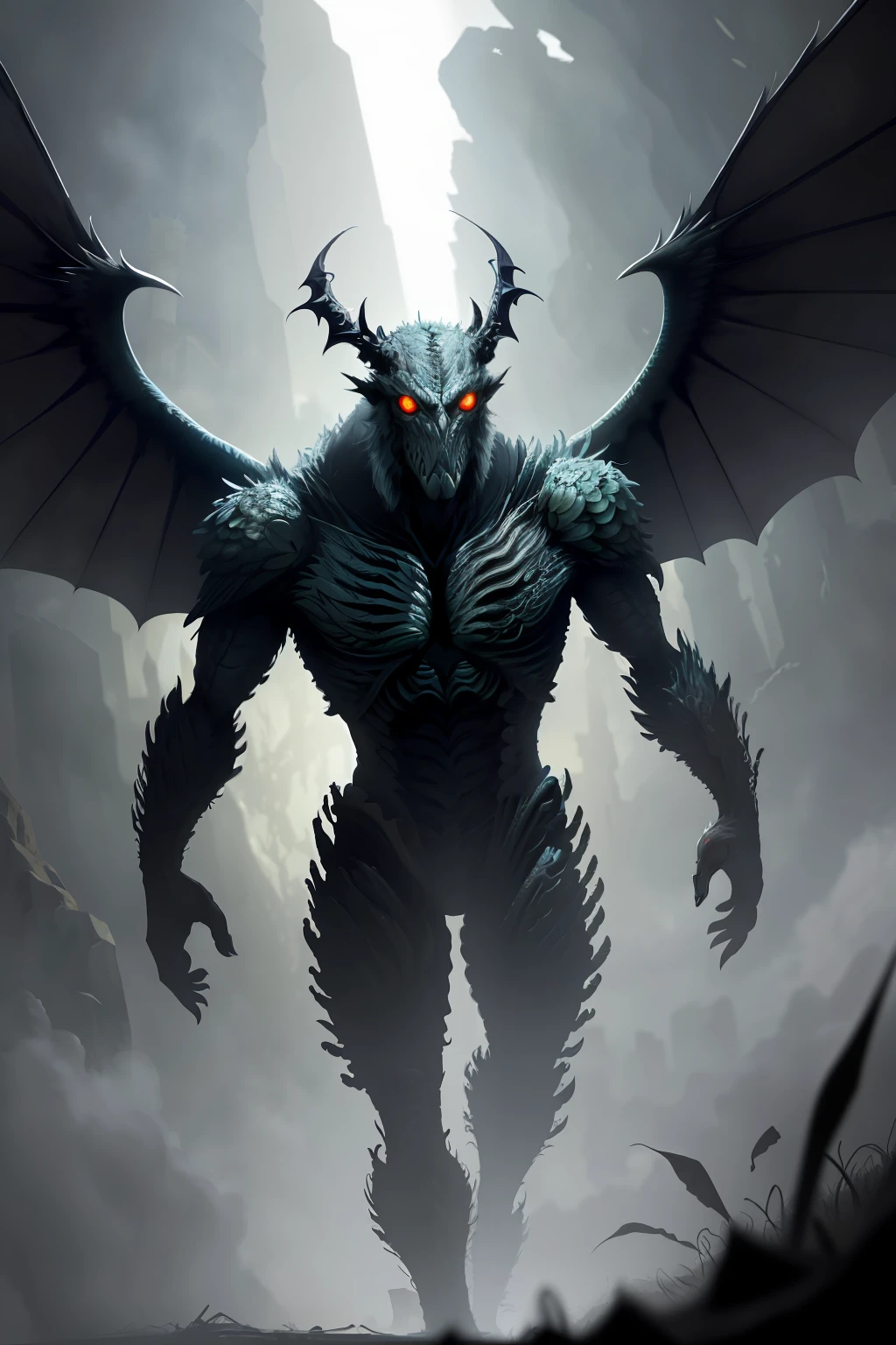A monster, with wings, eyes on arms, award-winning digital art, 4k, masterpiece, perfect illustration, soft lighting, anatomically deformed