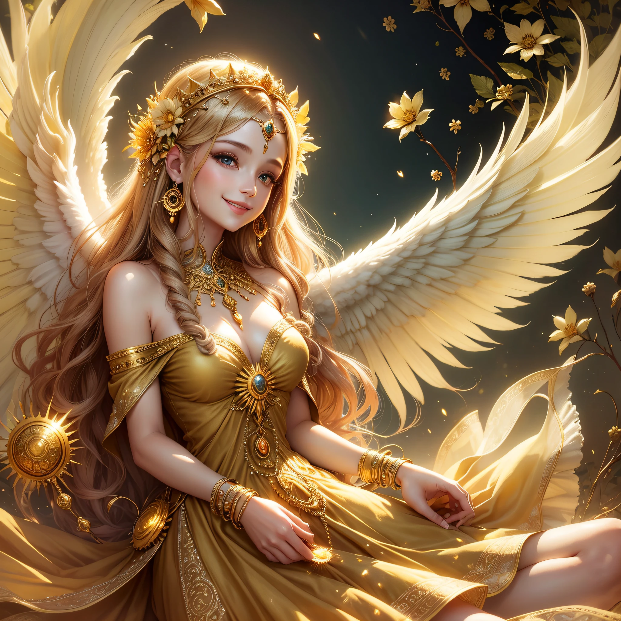Smiling beautiful sun goddess, beautiful long vintage dress, golden light, beautiful fairy, angel --auto --s2