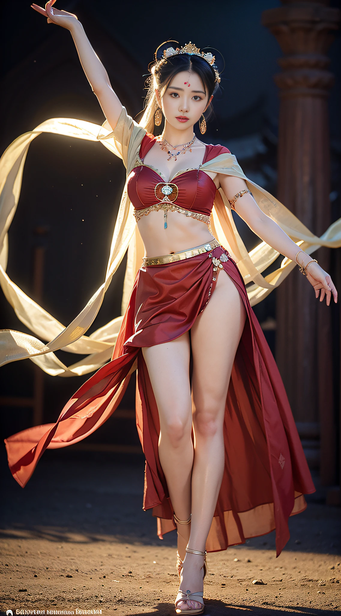 (8k, RAW photo, best quality, masterpiece:1.2), (realistic, photo-realistic:1.4), (extremely detailed CG unity 8k wallpaper), (1 girl:1.5), Western beauty, (Red clothes: 1.4), red spots on forehead, pale skin, blush, big eyes, full body, thighs, open navel, gold waist chain, gold jewelry, flying ribbons, particles, background is Loulan ancient city, ancient city wall, desert, dance, dunhuang_dress, dunhuang_style,