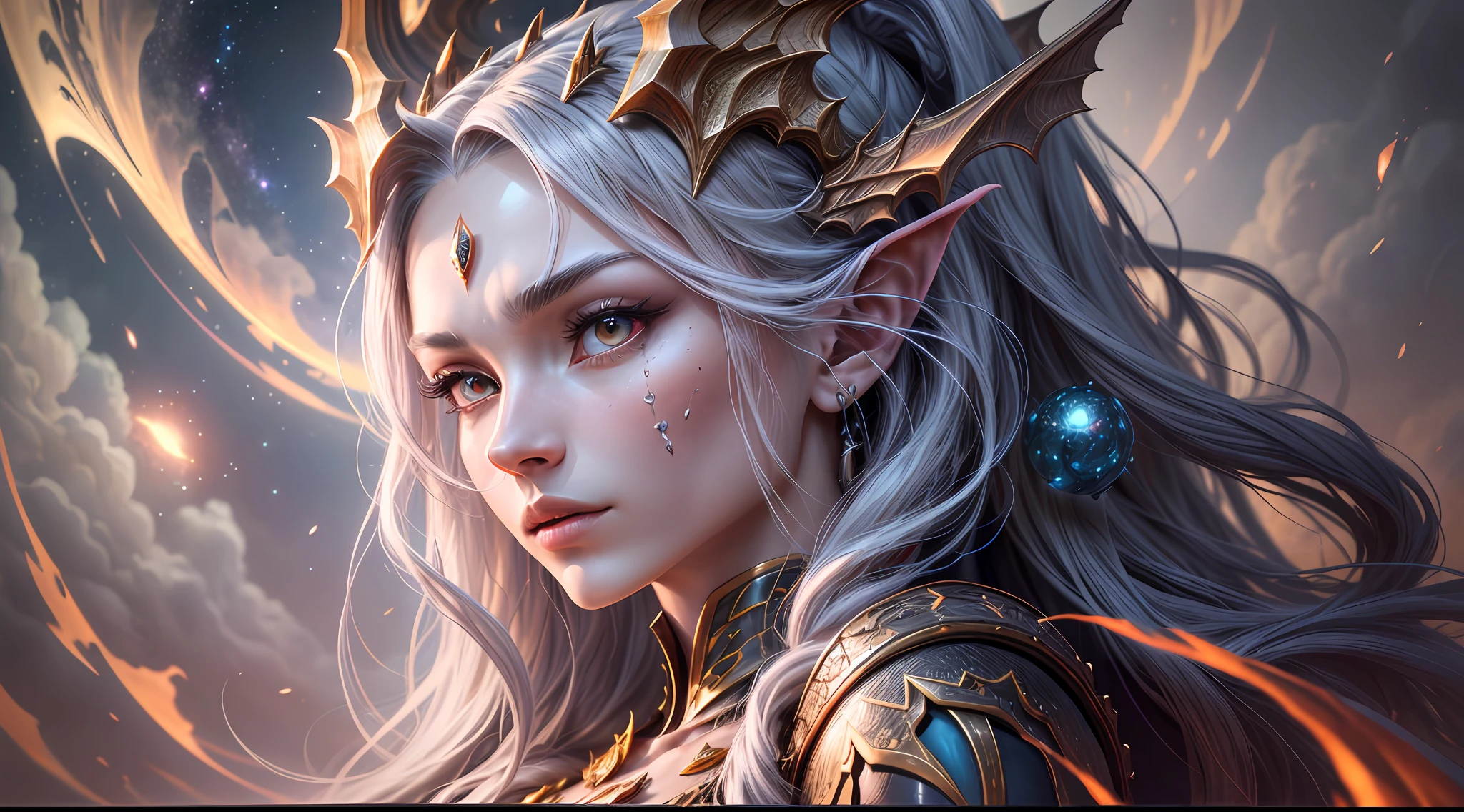 In this incredibly detailed depiction, a female dragonoid with a beautifully sculpted human head, crowned with long flowing hair, stands at the edge of the universe. The dragonoid's body is adorned with meticulously crafted dragon scales, showcasing its mythical essence. The photograph focuses on the dragonoid's face, capturing every minute detail with precision. The eyes exhibit an otherworldly glow, while the skin and skin pores appear flawlessly textured. The image exudes a sense of mystery and awe as the dragonoid gazes into the vastness of space. The style for this image is a highly realistic digital painting, created with a graphics tablet and digital painting software, ensuring a level of detail and realism beyond what is achievable through traditional photography
