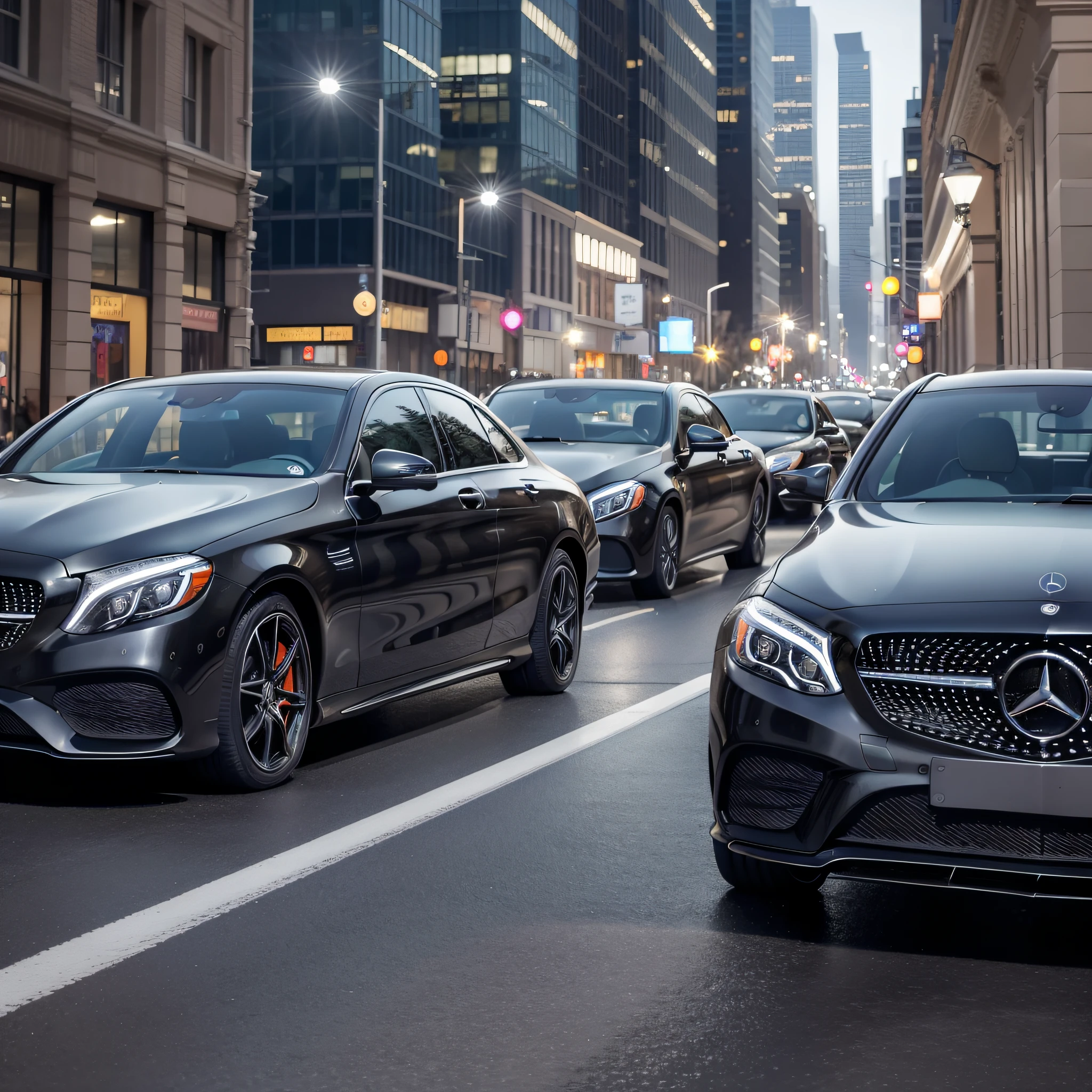 Black mercedes car procession, downtown at night, high image quality, illumination