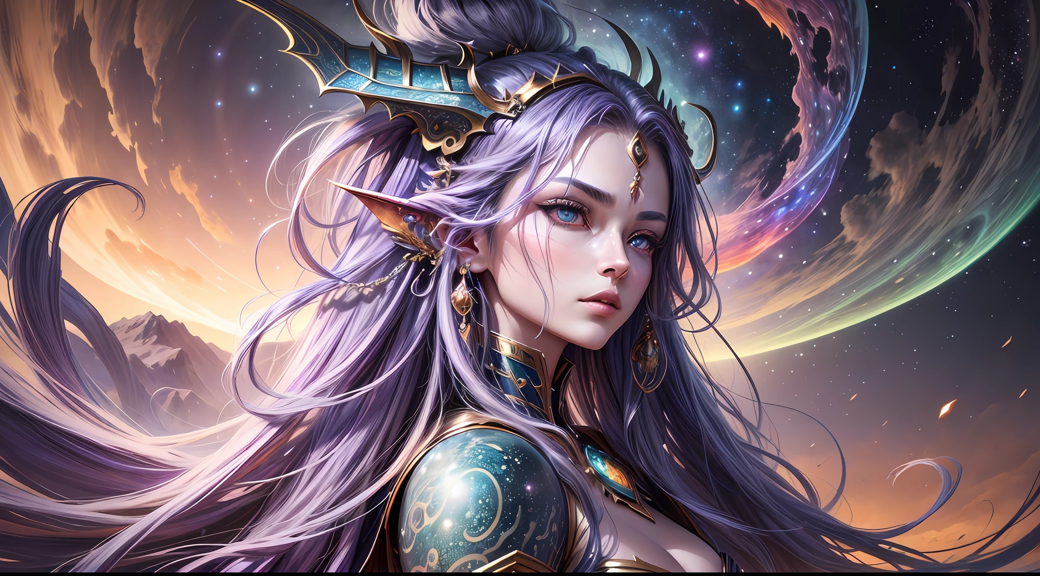This astonishing image captures the essence of a female dragonoid with a breathtakingly beautiful human head and long flowing hair. The dragonoid's body is meticulously covered in intricate dragon scales, accentuating its ethereal appearance. The scene is set in a cosmic environment, where swirling nebulas and distant galaxies create a mesmerizing backdrop. The dragonoid stands gracefully on the edge of the universe, with a highly detailed face and piercing eyes that convey a sense of wisdom and serenity. The skin and skin pores are painstakingly rendered, adding a layer of realism to the image. This artwork combines traditional painting techniques with digital enhancements to create a masterpiece that pushes the boundaries of imagination.