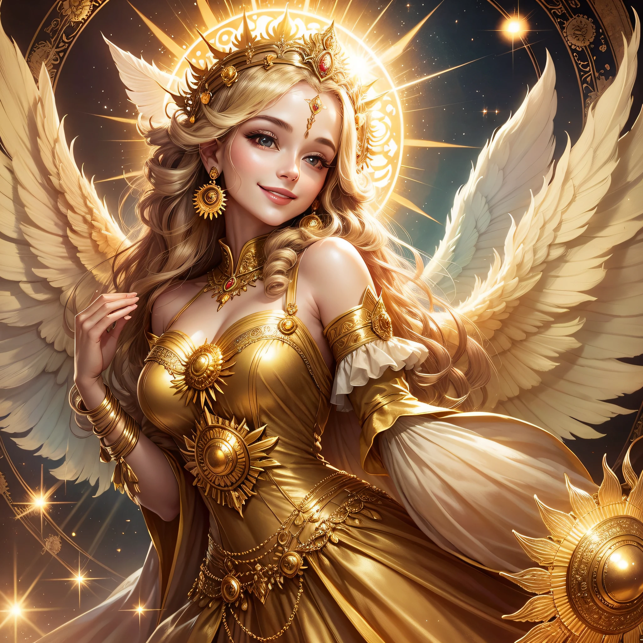 Smiling beautiful sun goddess, beautiful long vintage dress, golden light, beautiful fairy, angel --auto --s2