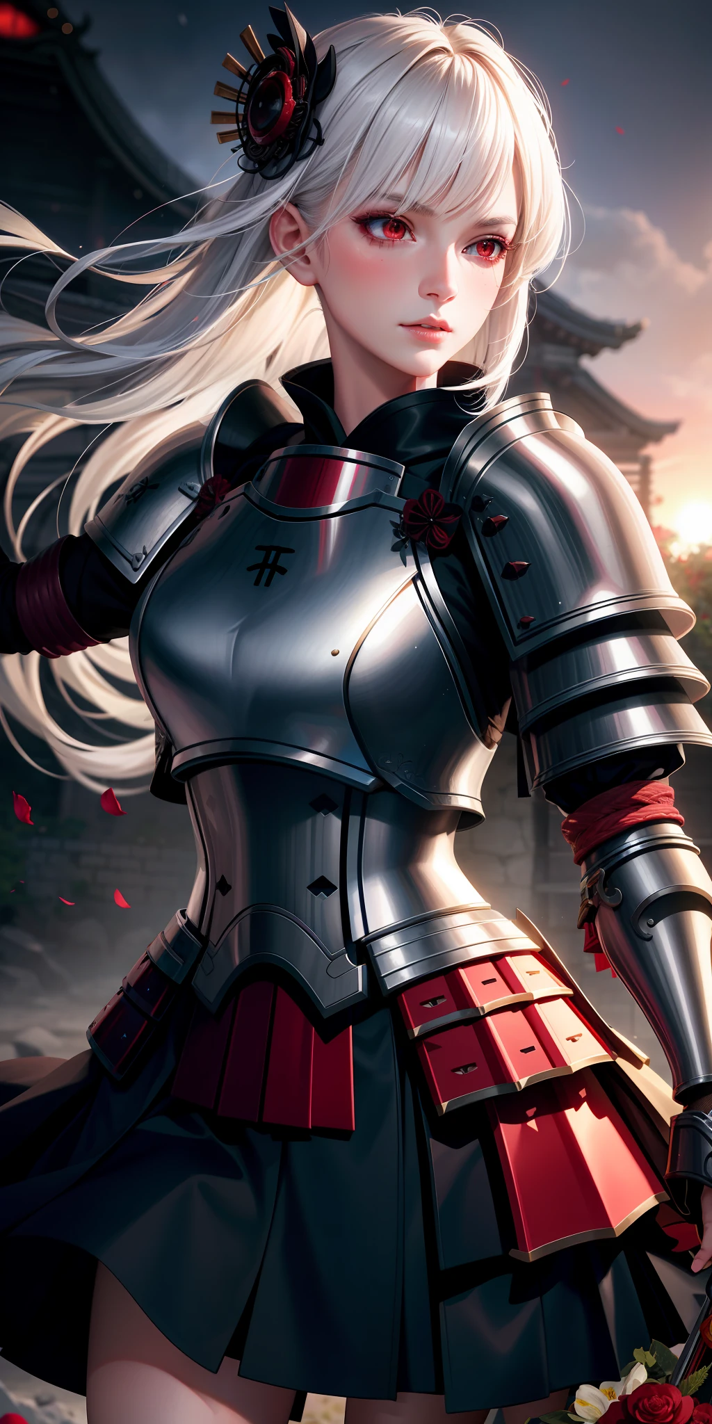 realistic, 1girl, white hair, red eyes, bright eyes,armor, skirt, lips half-open, blush, night, flowers, sun, sunlight, hashira, samurai, armor, dungeons