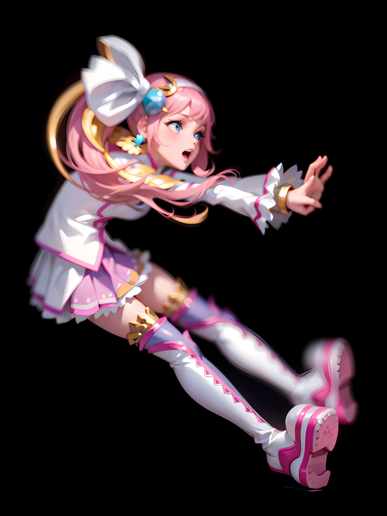 (Cute + Dynamic: 1.2), (Masterpiece: 1.5), (Best Quality: 1.5), Perfect Hand Drawn 8K Wallpaper, Girly Hands Waves, Playful Open Mouth, Single Ponytail + Pink Hair (1.3), Long Flowing Hair, Blue Eyes, Glamorous Sight, White Long-sleeved Shirt + Pink Skirt + Over-the-Knee Socks (1.2), Exquisite Headgear, White Boots (1.2), Beautiful Legs Burst (1.2), Plain White Background (1.5).