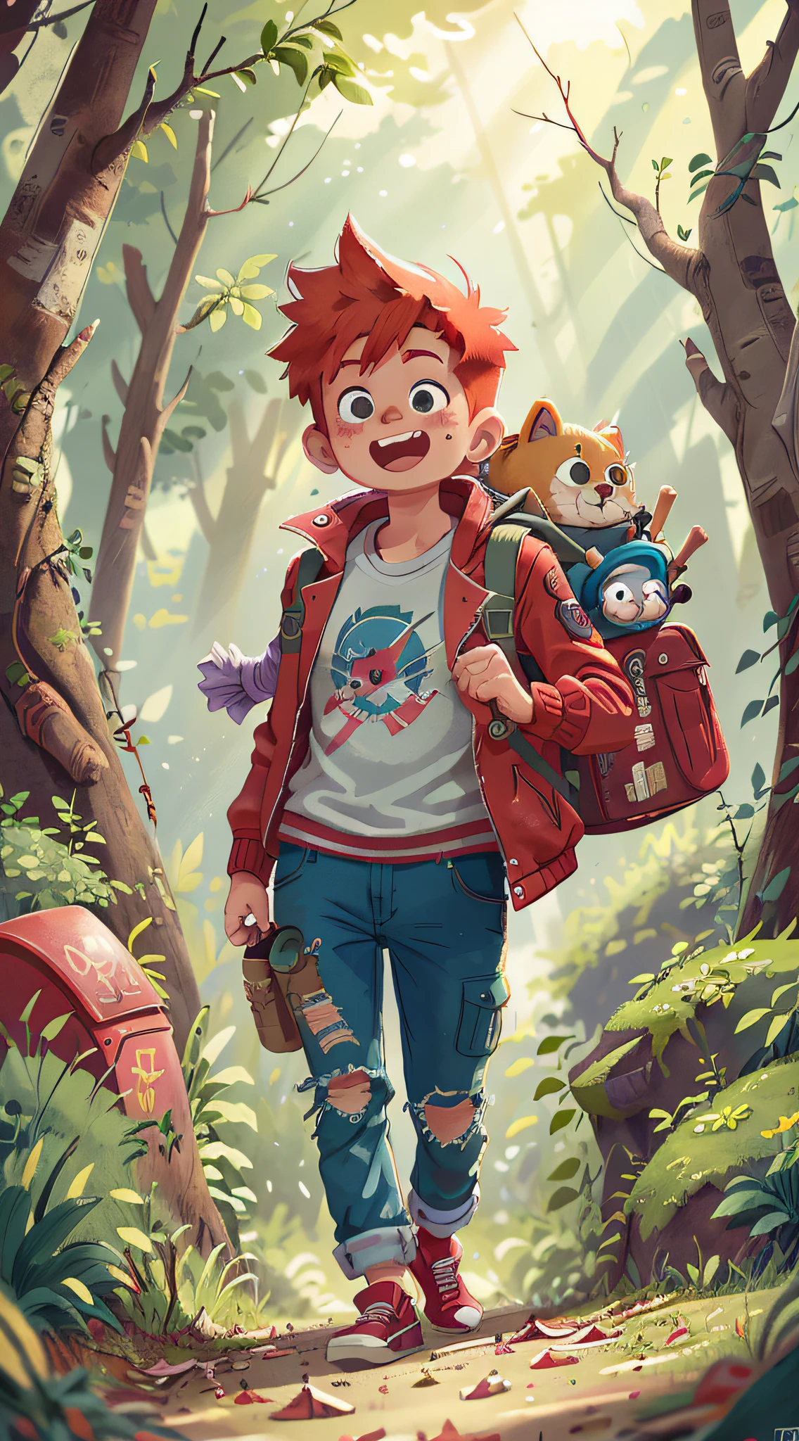 A red-haired teenager, adventure, leather jacket, backpack, torn geans pants, forest, sewage, dirt, garbage, abandoned old house in the background, happy, happy, perfect quality, clear focus (clutter - house: 0.8), (masterpiece: 1.2) (realistic: 1.2) (bokeh) (best quality) (detailed skin: 1.3) (complex details) (8K) (detail eyes) (sharp focus), (happy), (full body) (proportional whole body), clean background, long vision composition,  85MM SHOT