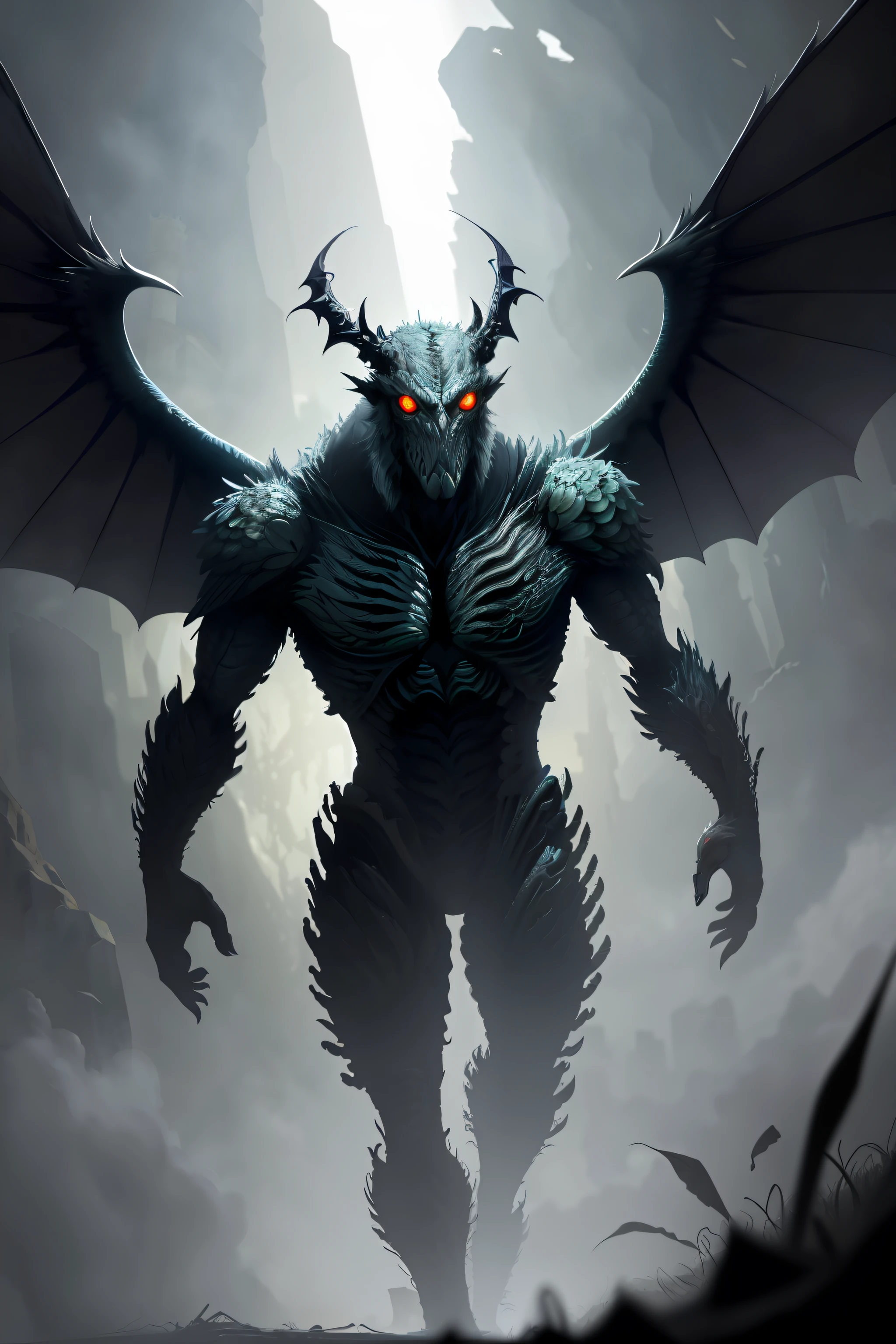 A monster, with wings, eyes on arms, award-winning digital art, 4k, masterpiece, perfect illustration, soft lighting, anatomically deformed