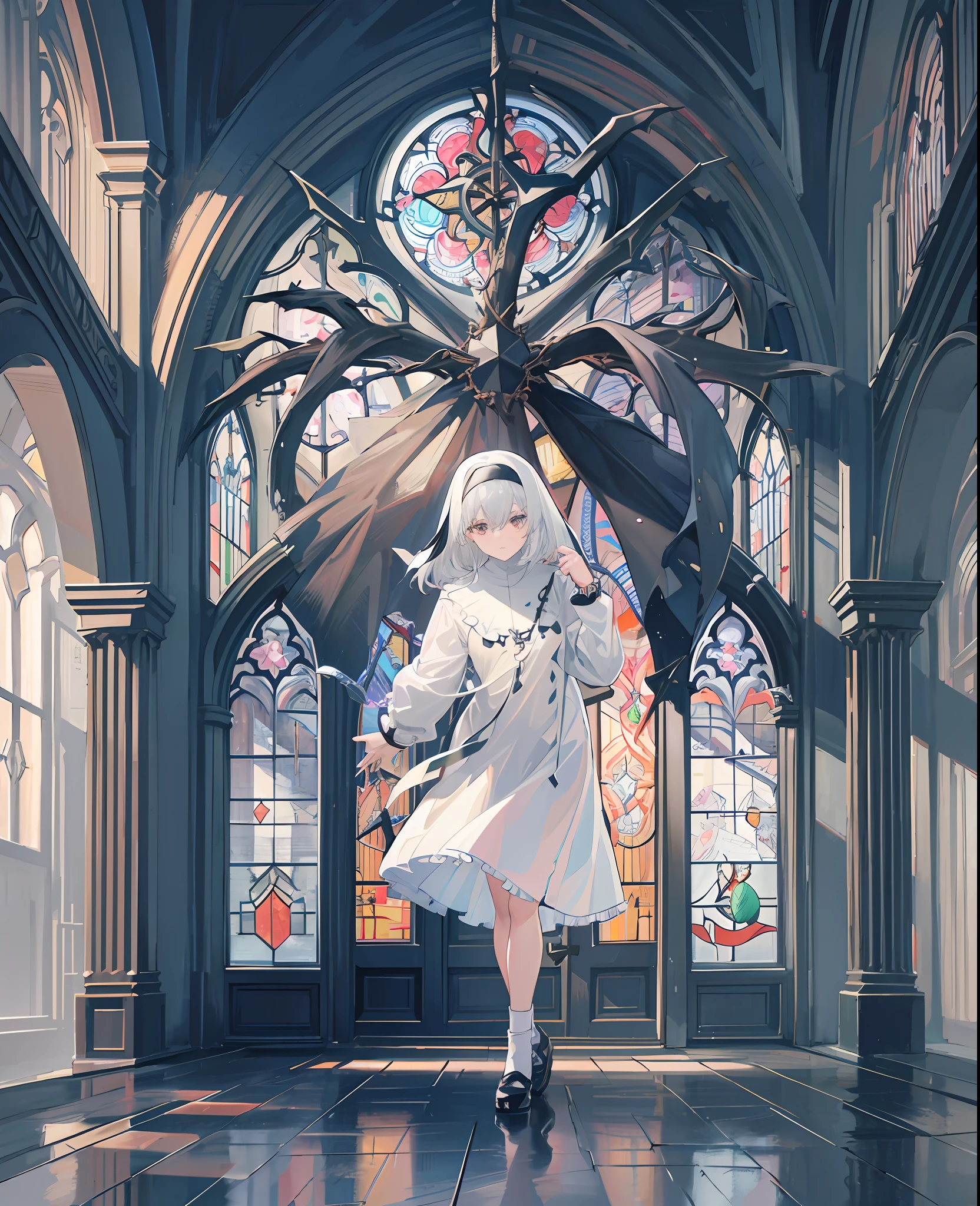 (Huge cross), (church), (church shutter), (glazed ceiling), metal frame, gray, stained glass, cracked glass, black vine, withered tree, branches, (nun dress), full body, single, 4k, a maiden, striped long sleeves, functional wind coat, white cotton socks, dancing shoes, short skirt, modern style, frills, gothic, bracelet, flashlight, searchlight, gloom, fog, hazy, fantasy, tyndall effect, gravel, metal, weed, barren, desolate, white hair, fog, Tyndall is bright and bright