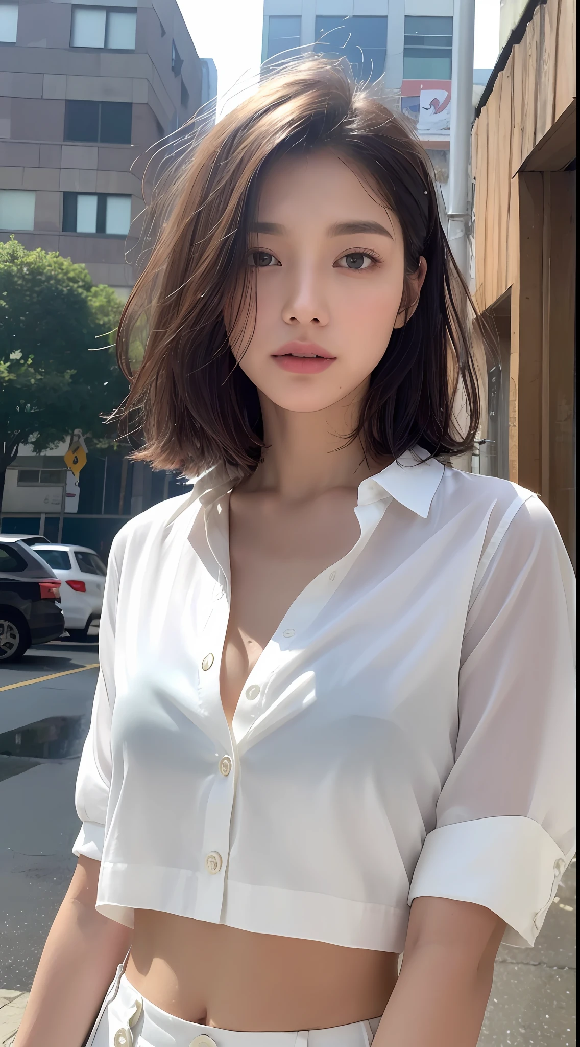 ((Top Quality, 8k, Masterpiece: 1.3)), Sharp Focus: 1.2, Perfect Body Shape: 1.4, Slim Abs: 1.2, (Layered Haircut)), (White Long Shirt with White Buttons: 1.1), (Rain, Street: 1.2), Wet Body: 1.5, Highly Detailed Face and Skin Texture, Detailed Eyes